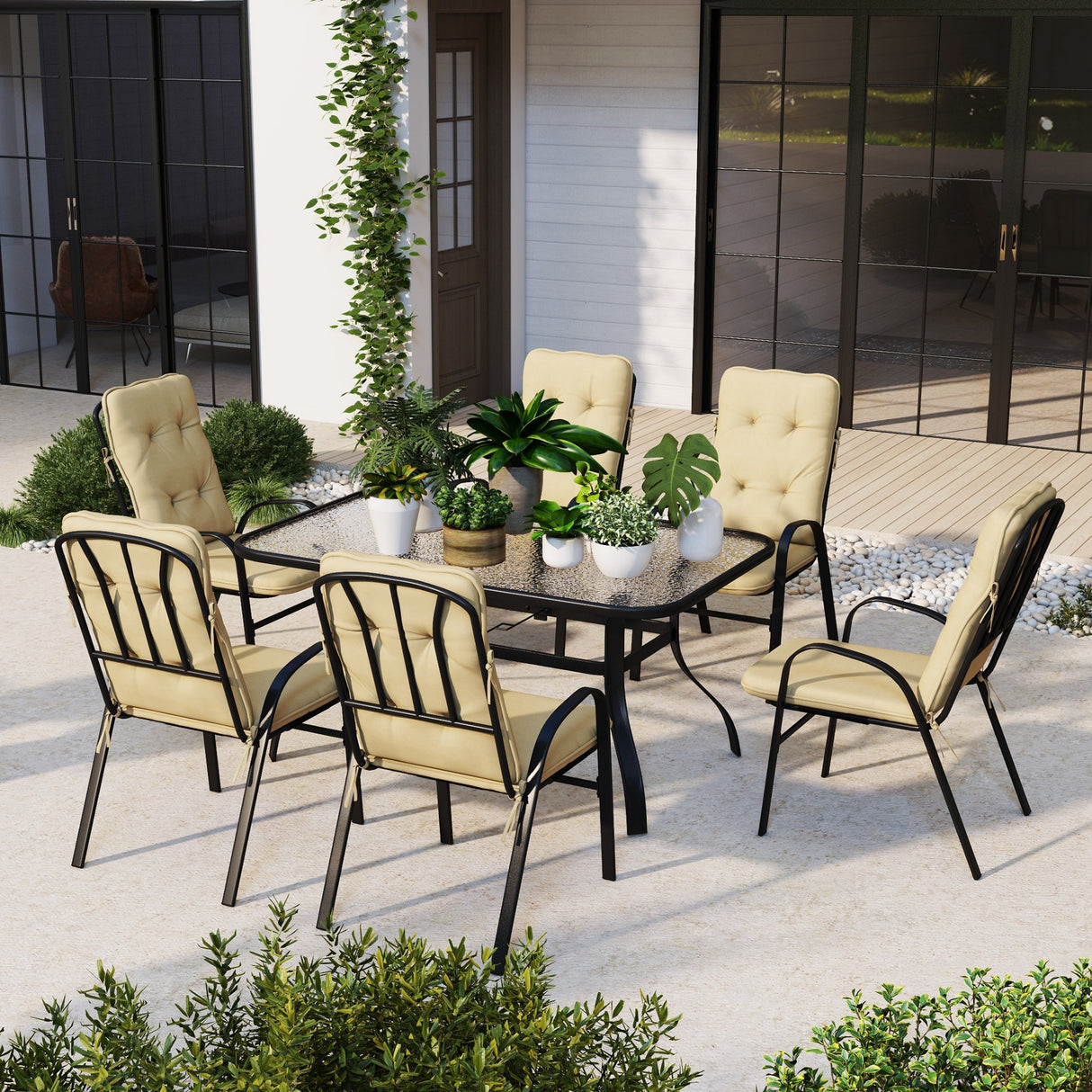 Galvanised Steel 7 Pieces Minimal Garden Dining Set With Cushions And Parasol Hole - Velmora