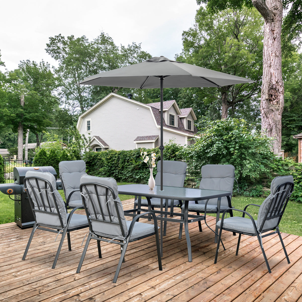Galvanised Steel 7 Pieces Minimal Garden Dining Set With Cushions And Parasol Hole - Velmora