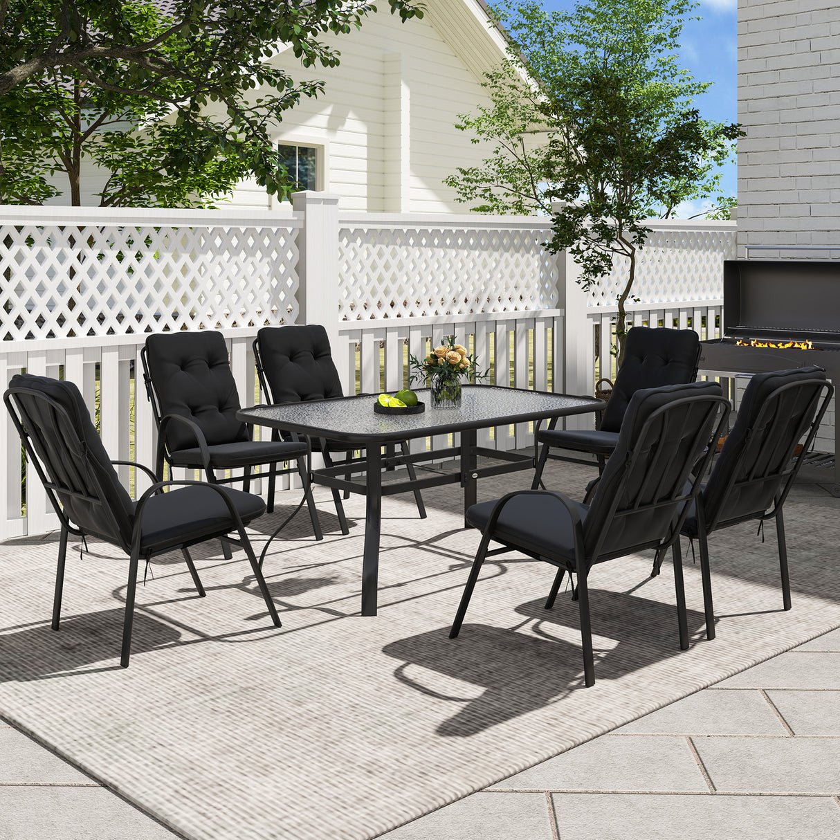 Galvanised Steel 7 Pieces Minimal Garden Dining Set With Cushions And Parasol Hole - Velmora