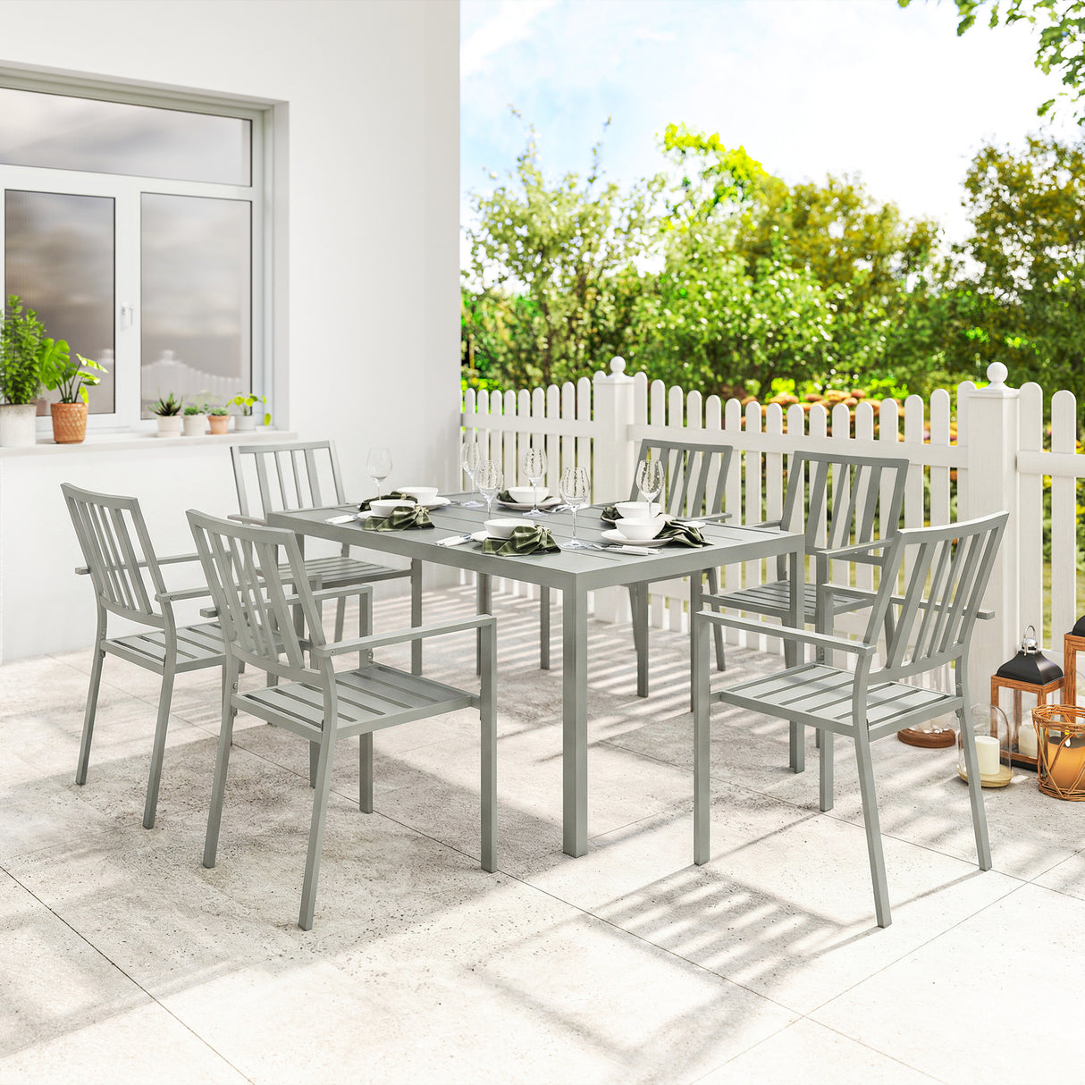 Galvanised Steel 7 Pieces Minimal Garden Dining Set With Parasol Hole - Velmora
