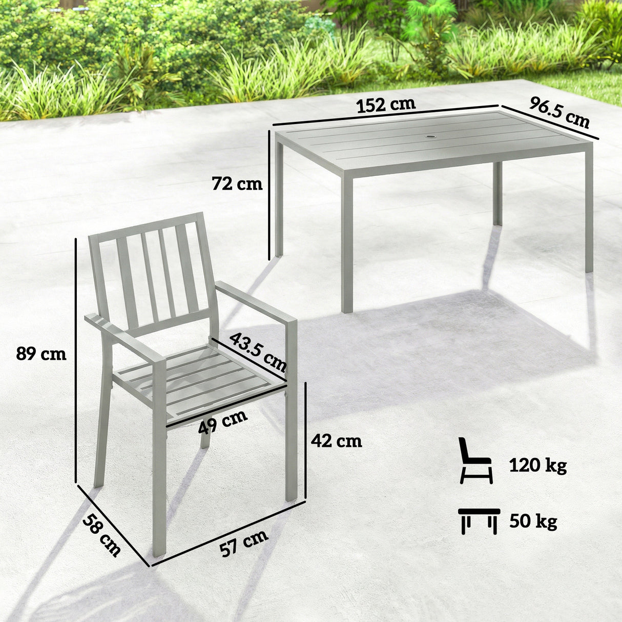 Galvanised Steel 7 Pieces Minimal Garden Dining Set With Parasol Hole - Velmora