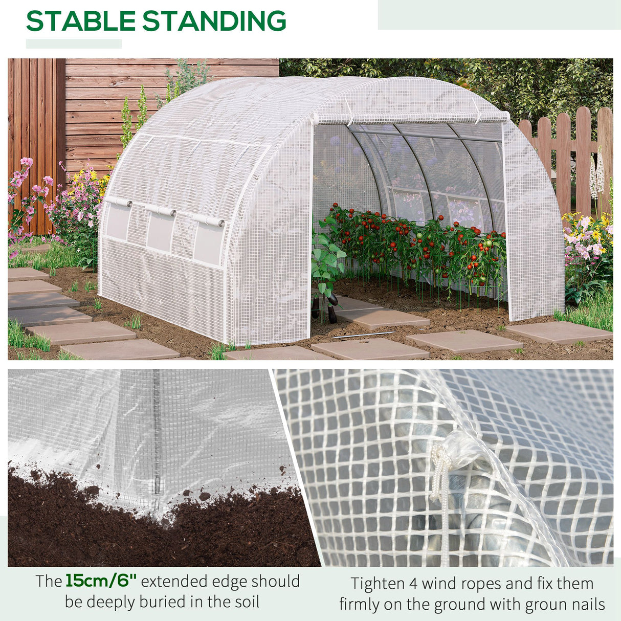 Galvanised Steel Frame Garden Polytunnel Greenhouse With 6 Windows - Velmora