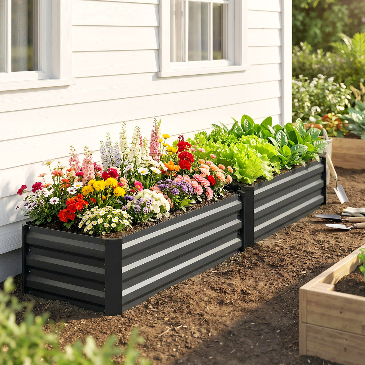 Galvanised Steel Outdoor Garden Planter Box 100cm Wide in Set Of 2 - Velmora