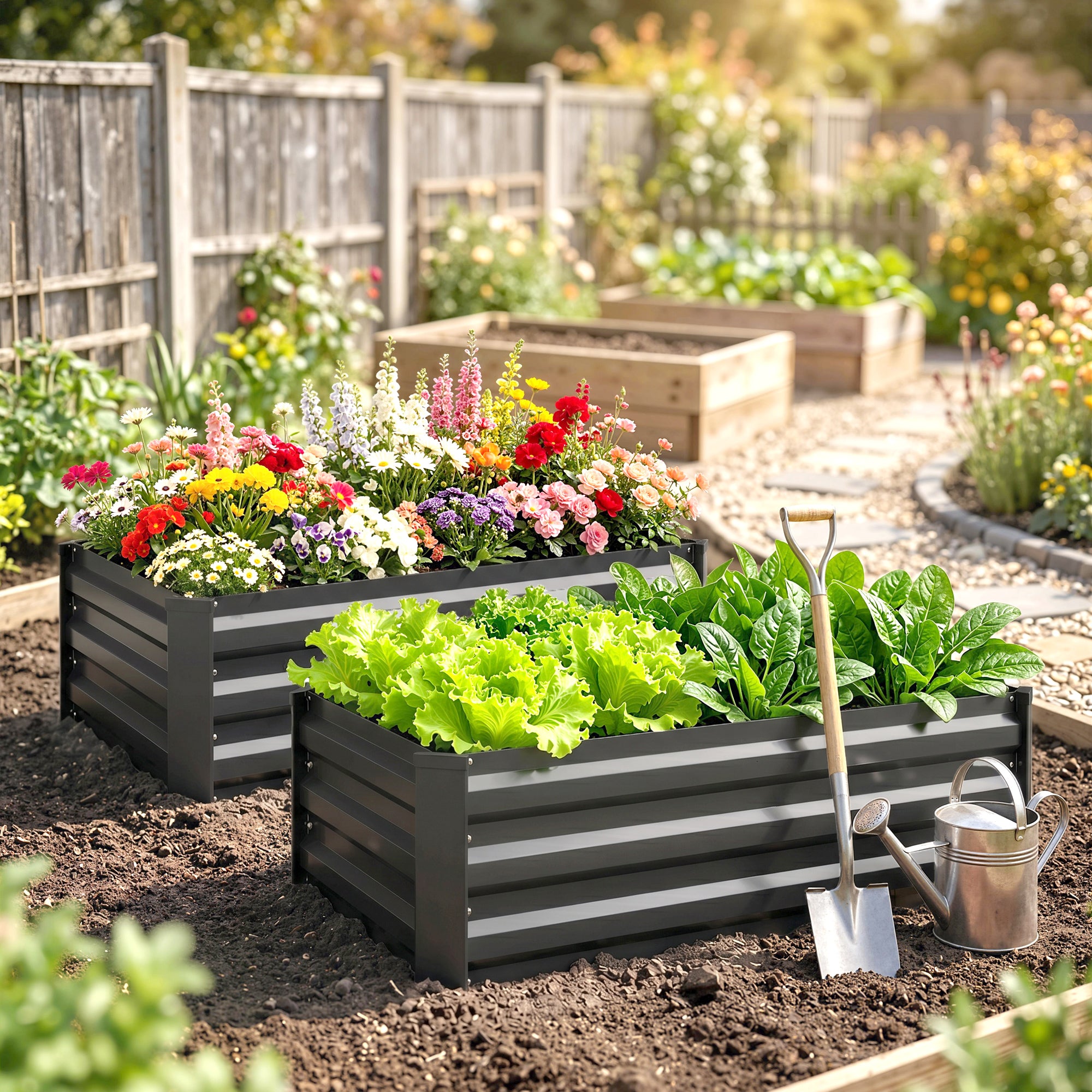 Galvanised Steel Outdoor Garden Planter Box 100cm Wide in Set Of 2 - Velmora