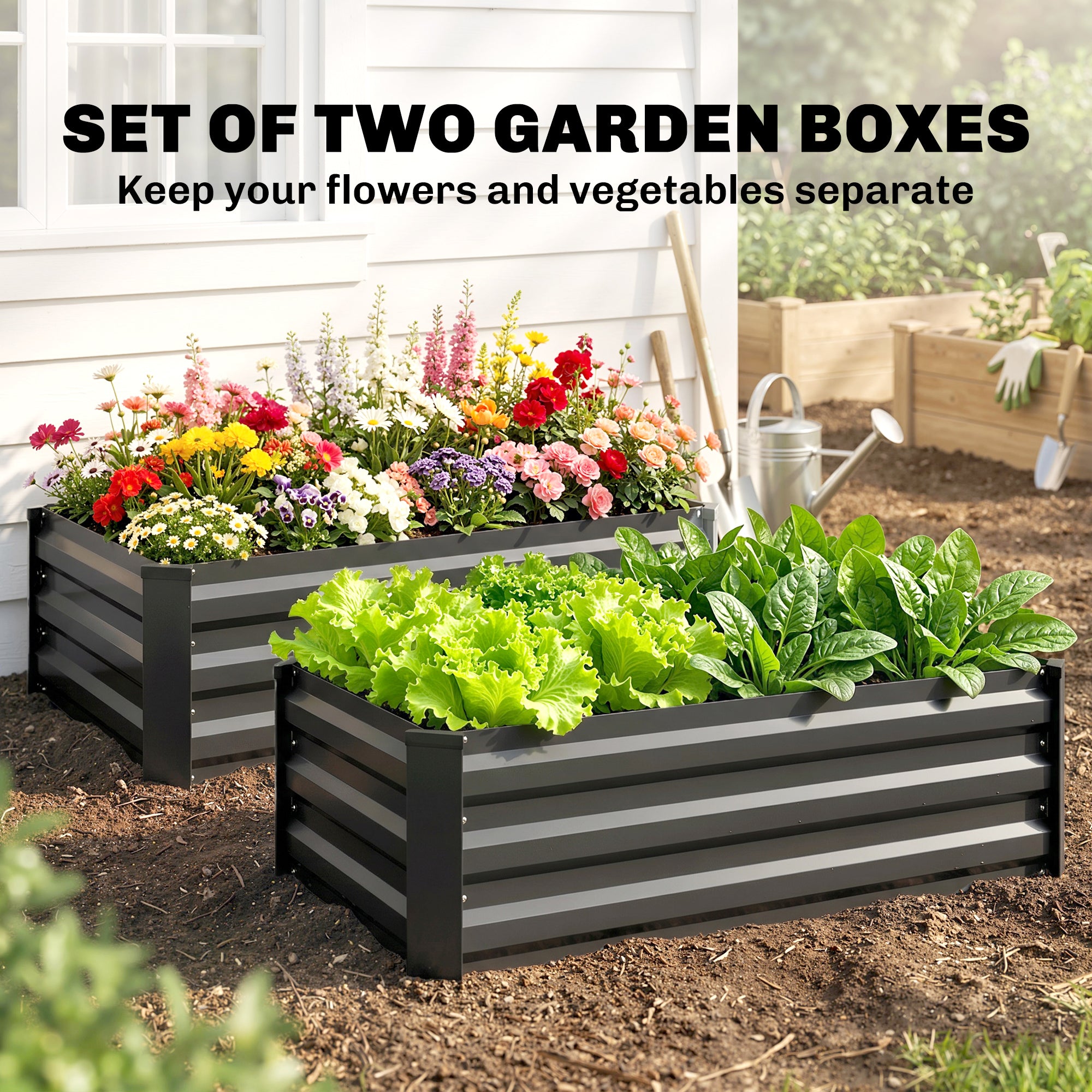 Galvanised Steel Outdoor Garden Planter Box 100cm Wide in Set Of 2 - Velmora