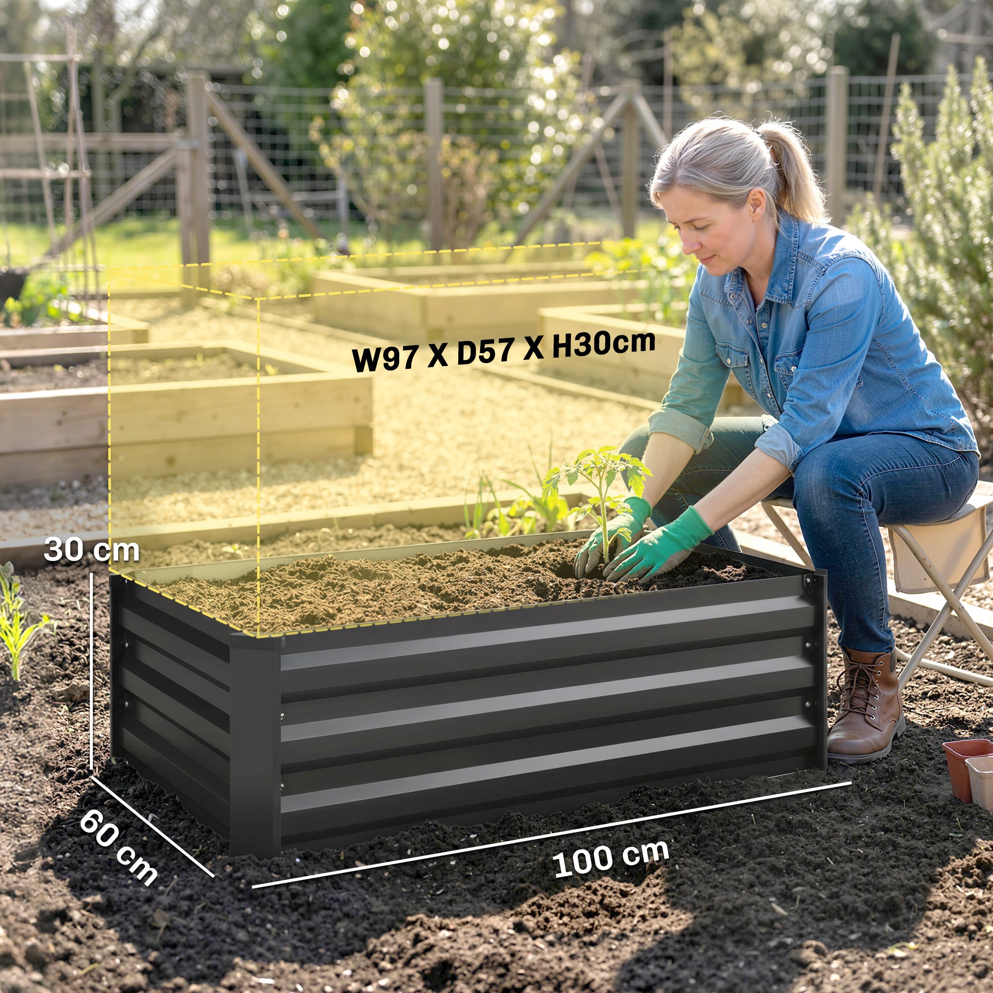 Galvanised Steel Outdoor Garden Planter Box 100cm Wide in Set Of 2 - Velmora