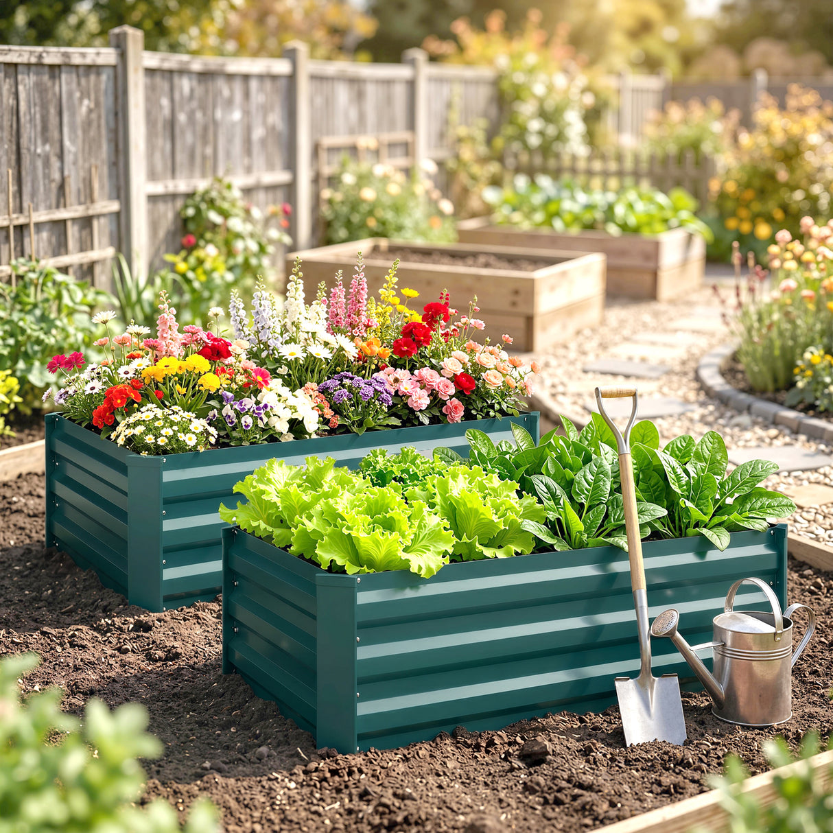 Galvanised Steel Outdoor Garden Planter Box 100cm Wide in Set Of 2 - Velmora