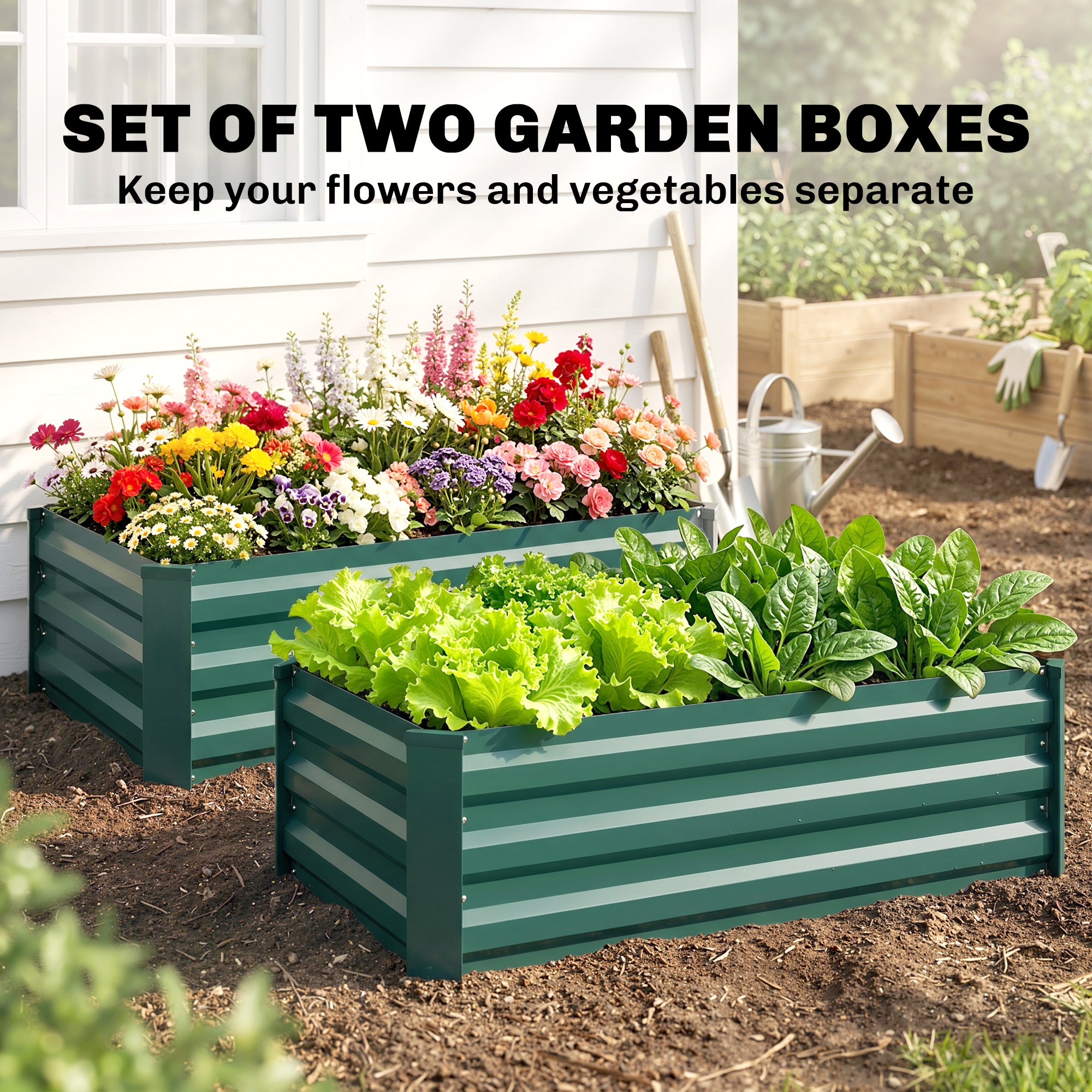 Galvanised Steel Outdoor Garden Planter Box 100cm Wide in Set Of 2 - Velmora