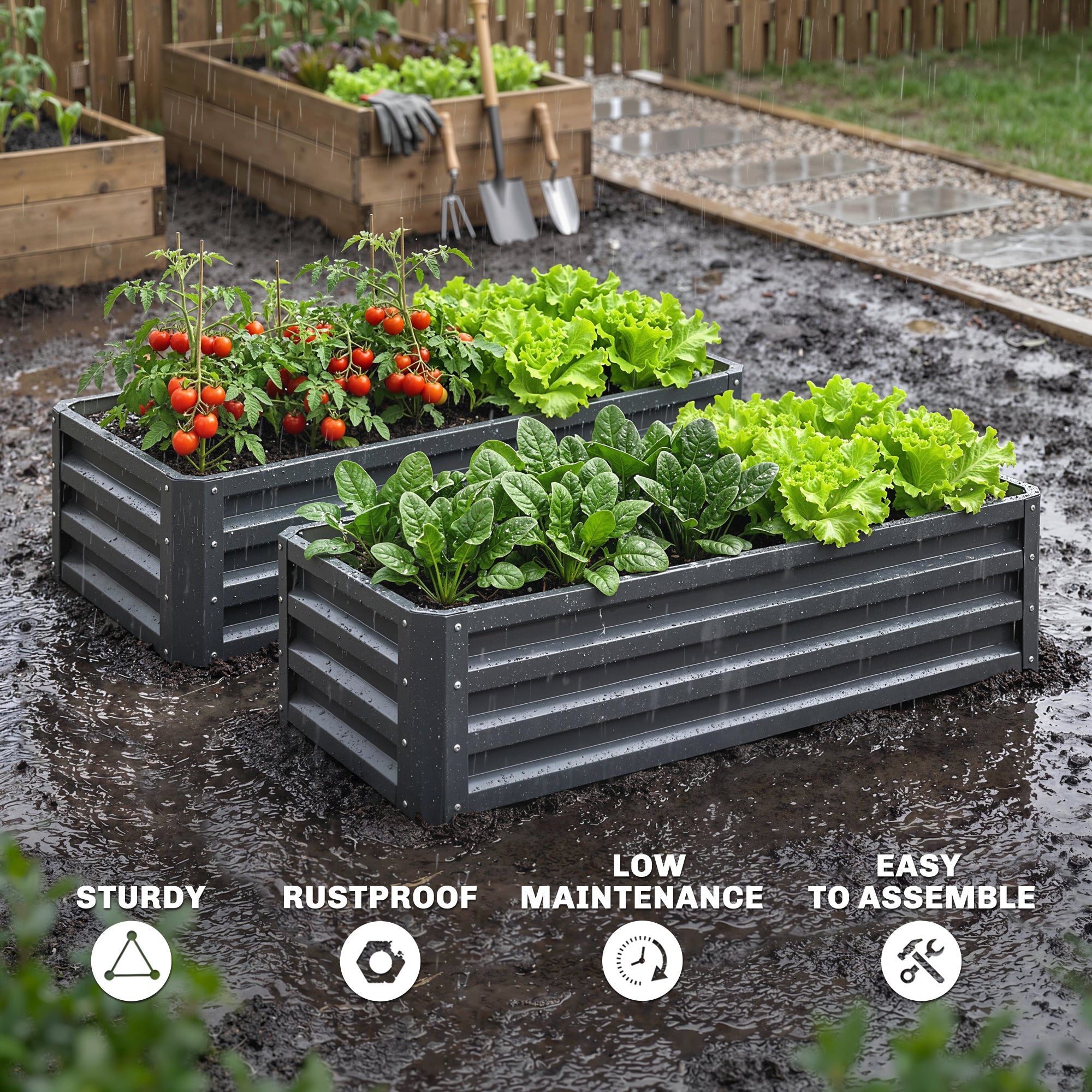 Galvanised Steel Outdoor Garden Planter Box 110cm Wide in Set Of 2 - Velmora