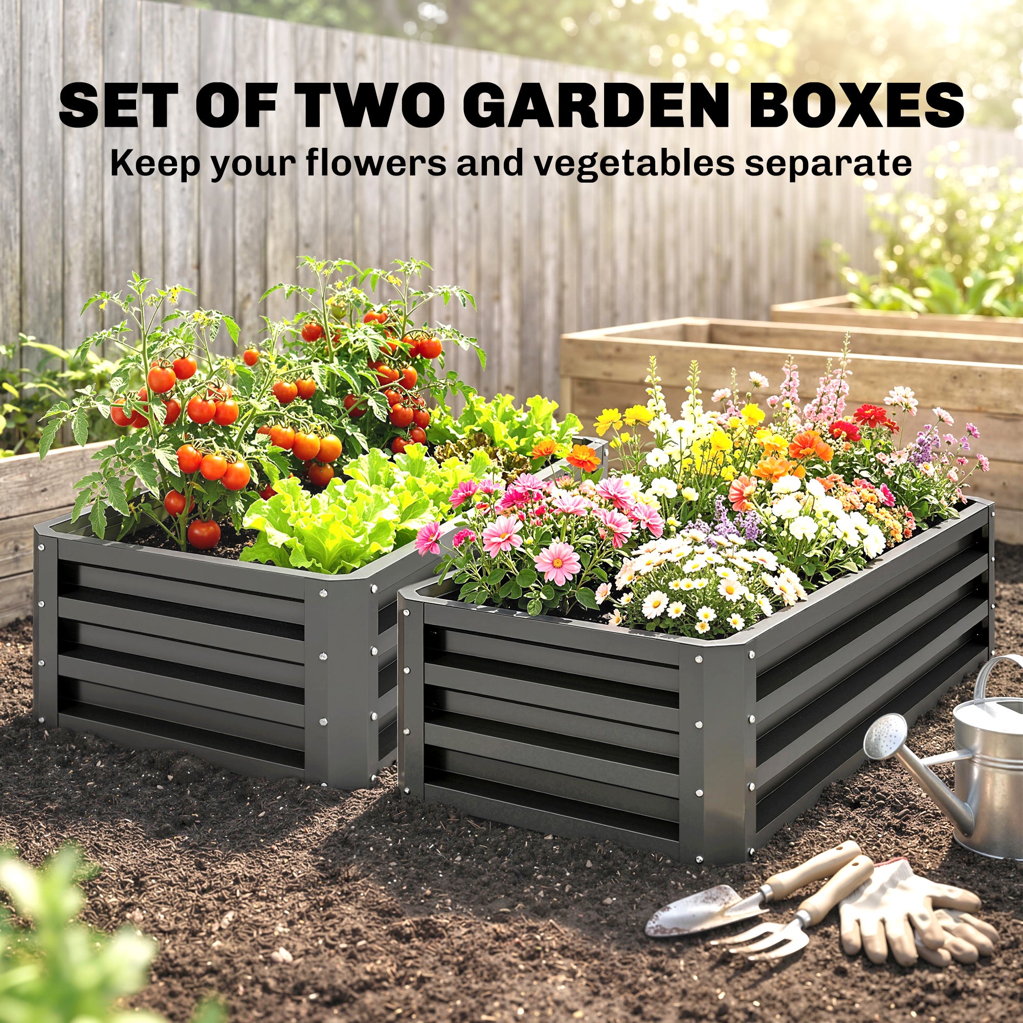 Galvanised Steel Outdoor Garden Planter Box 110cm Wide in Set Of 2 - Velmora