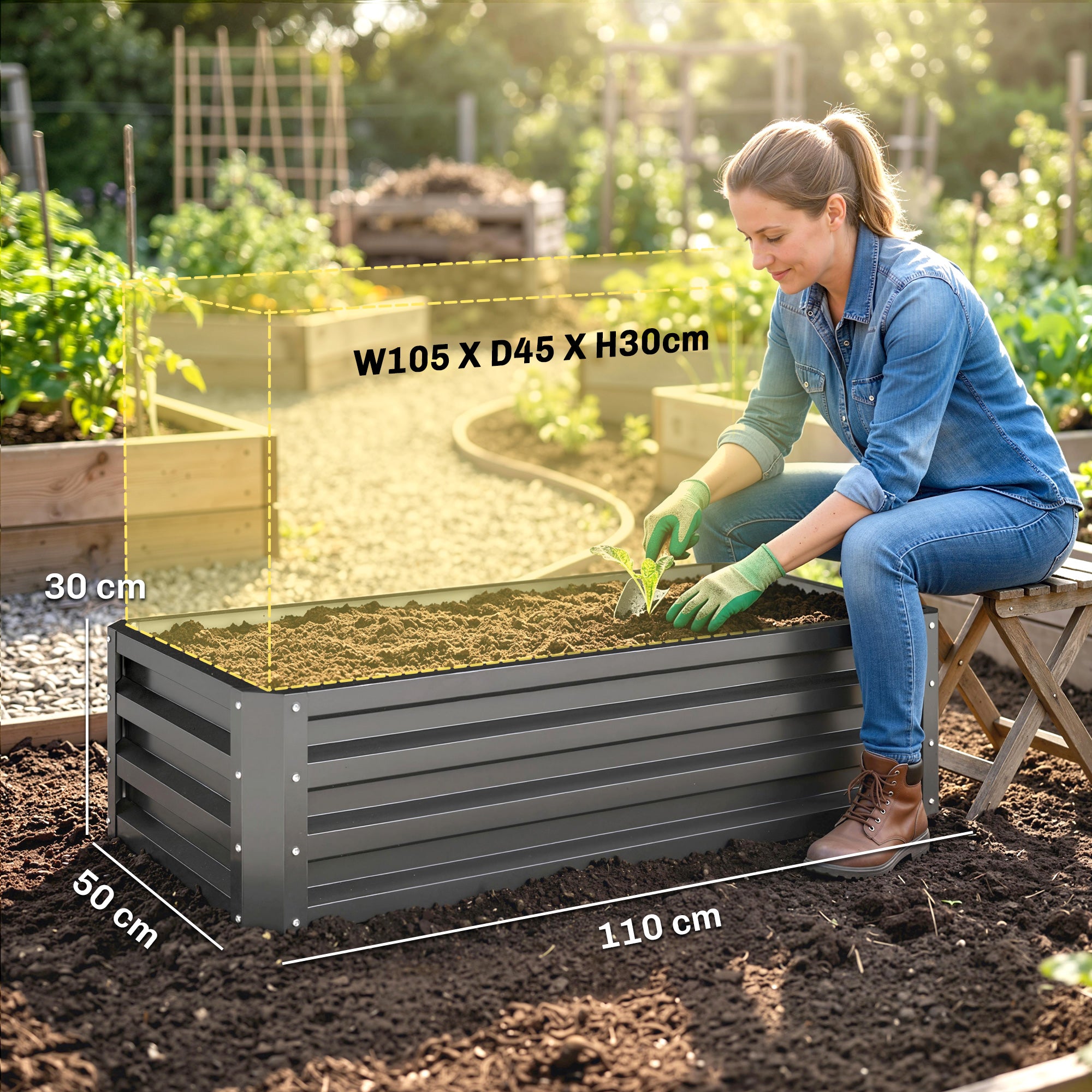 Galvanised Steel Outdoor Garden Planter Box 110cm Wide in Set Of 2 - Velmora