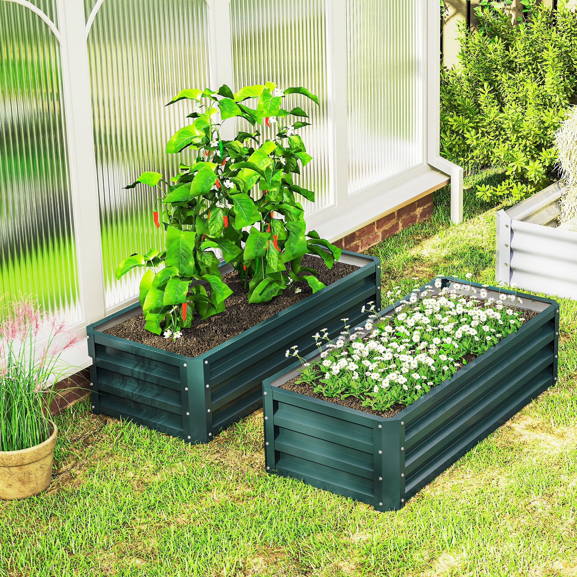 Galvanised Steel Outdoor Garden Planter Box 110cm Wide in Set Of 2 - Velmora