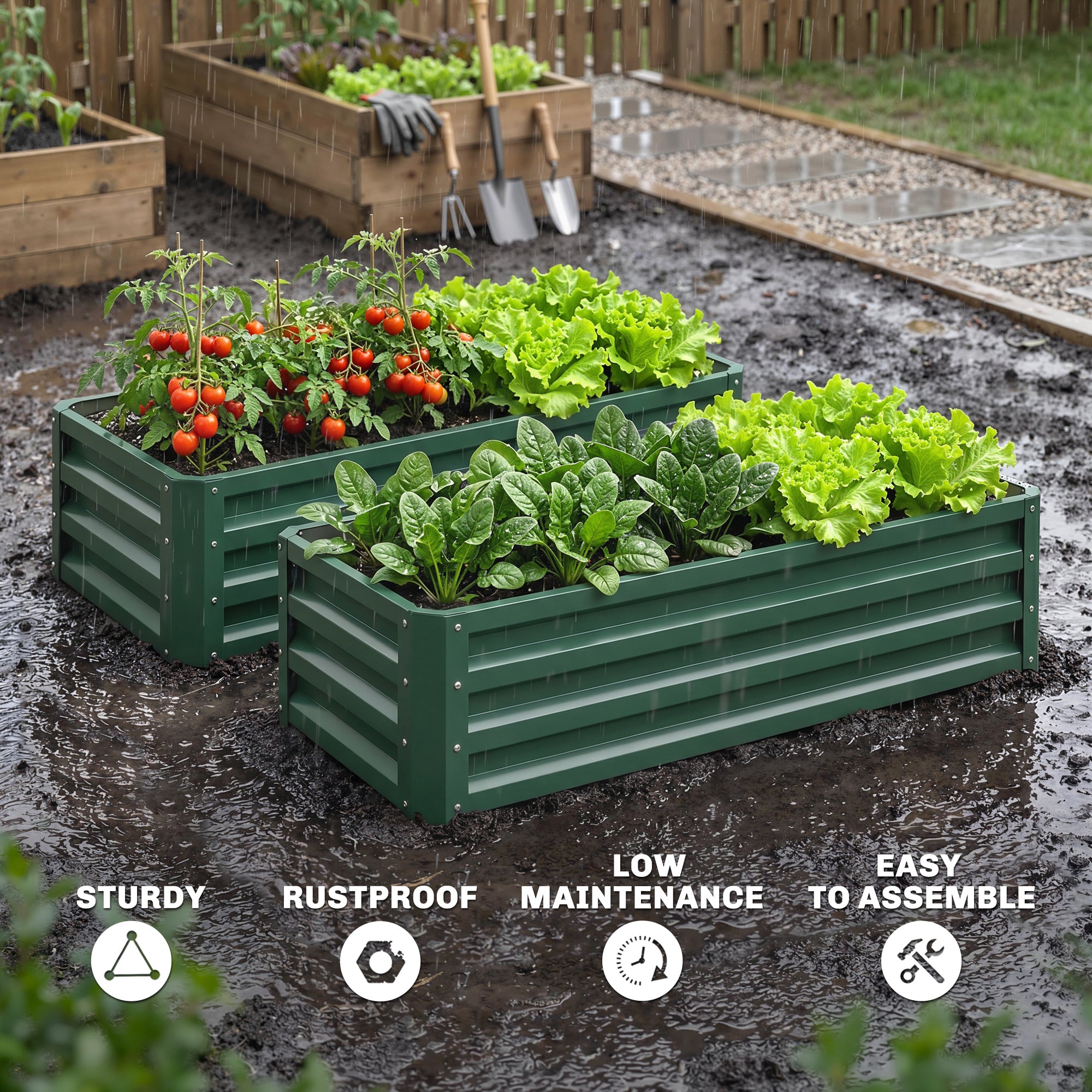 Galvanised Steel Outdoor Garden Planter Box 110cm Wide in Set Of 2 - Velmora