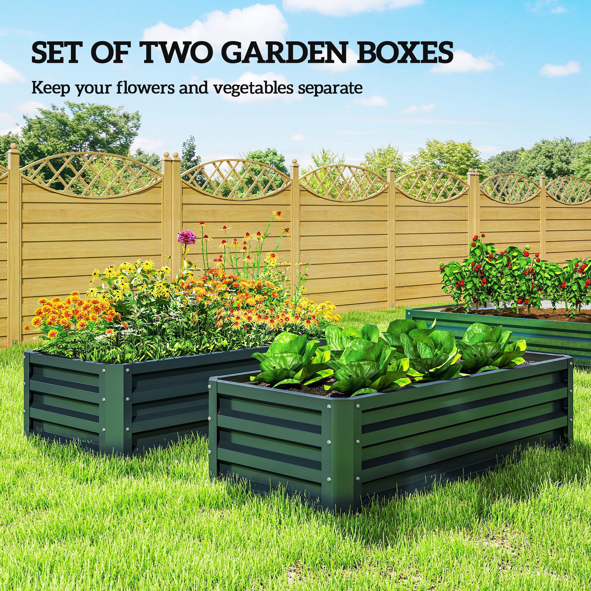 Galvanised Steel Outdoor Garden Planter Box 110cm Wide in Set Of 2 - Velmora