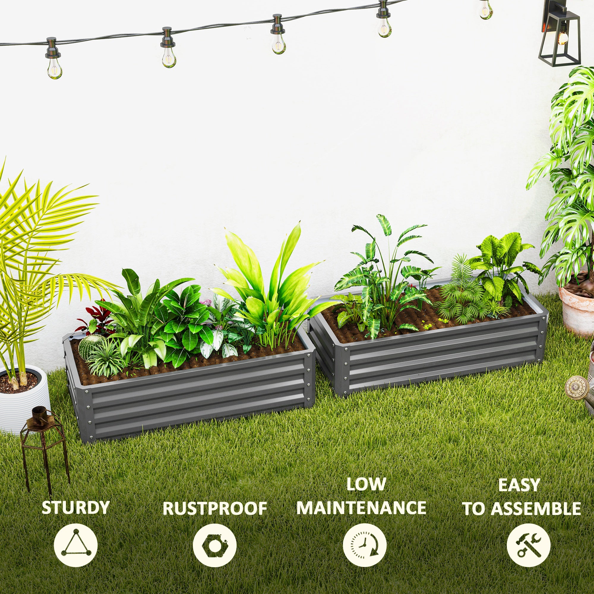 Galvanised Steel Outdoor Garden Planter Box 110cm Wide in Set Of 2 - Velmora