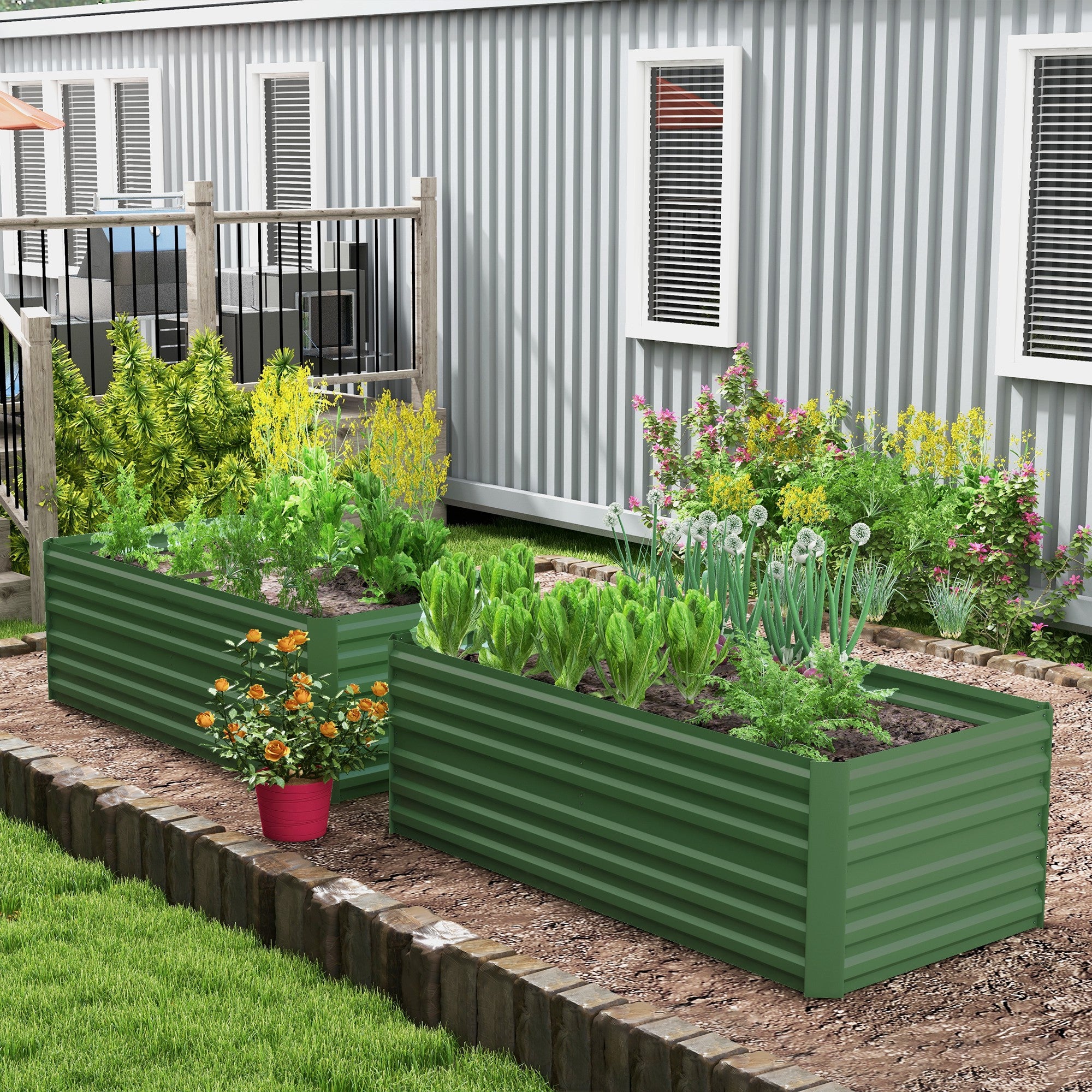 Galvanised Steel Outdoor Garden Planter Box 180cm Wide in Set Of 2 - Velmora