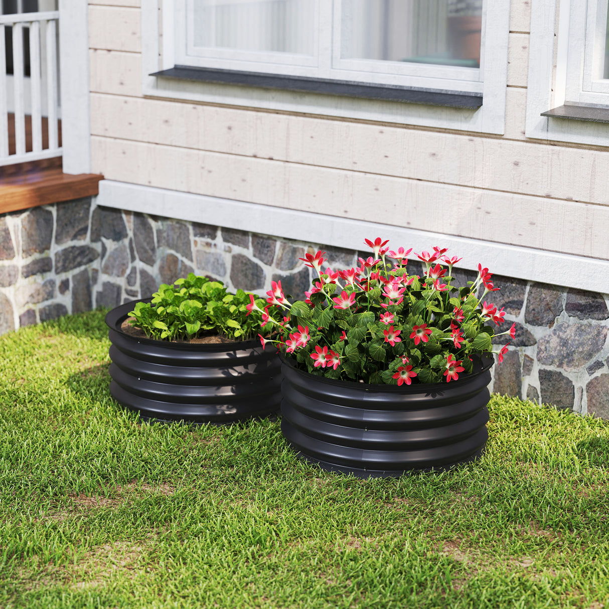 Galvanised Steel Outdoor Garden Planter Box 60cm Diameter in Set Of 2 - Velmora