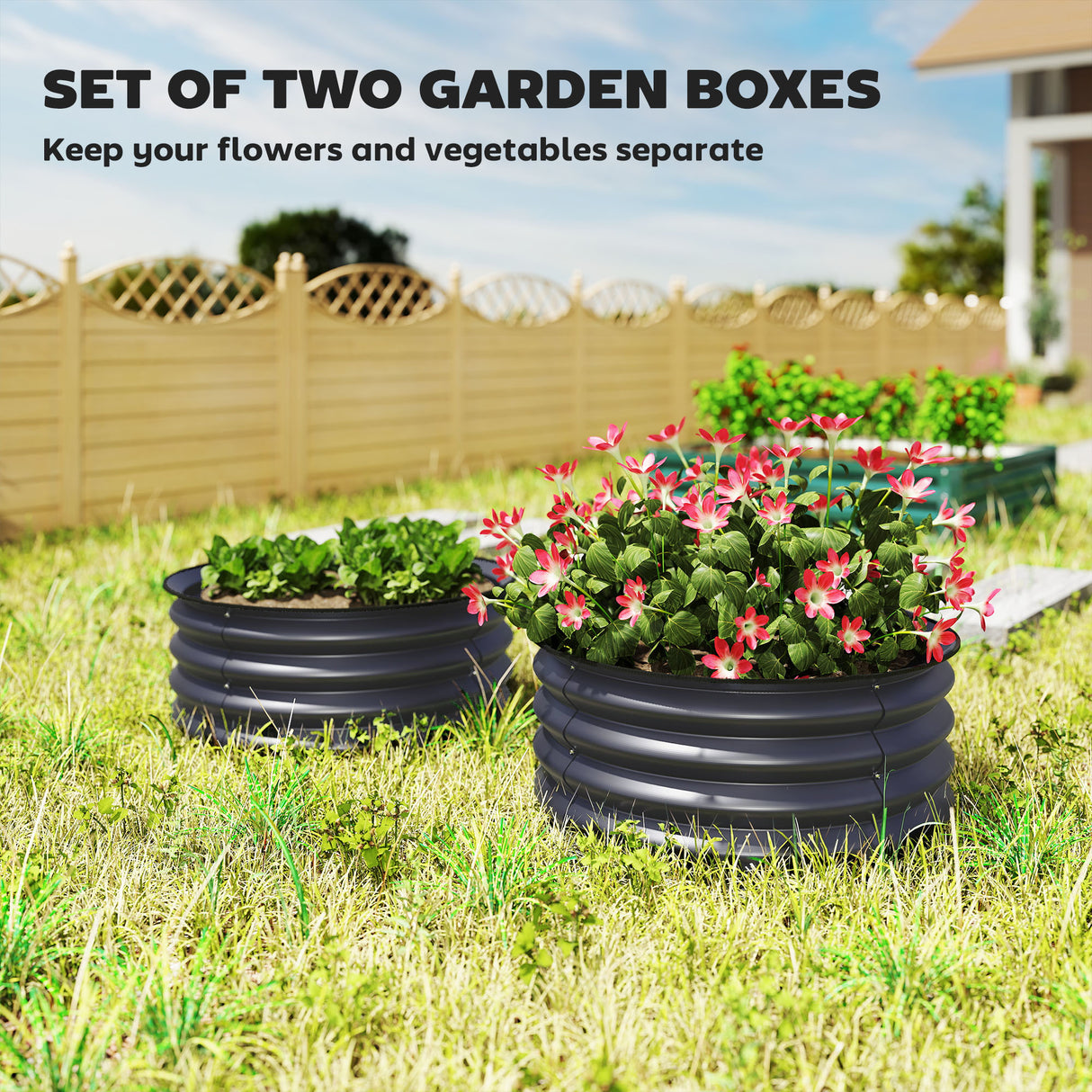 Galvanised Steel Outdoor Garden Planter Box 60cm Diameter in Set Of 2 - Velmora