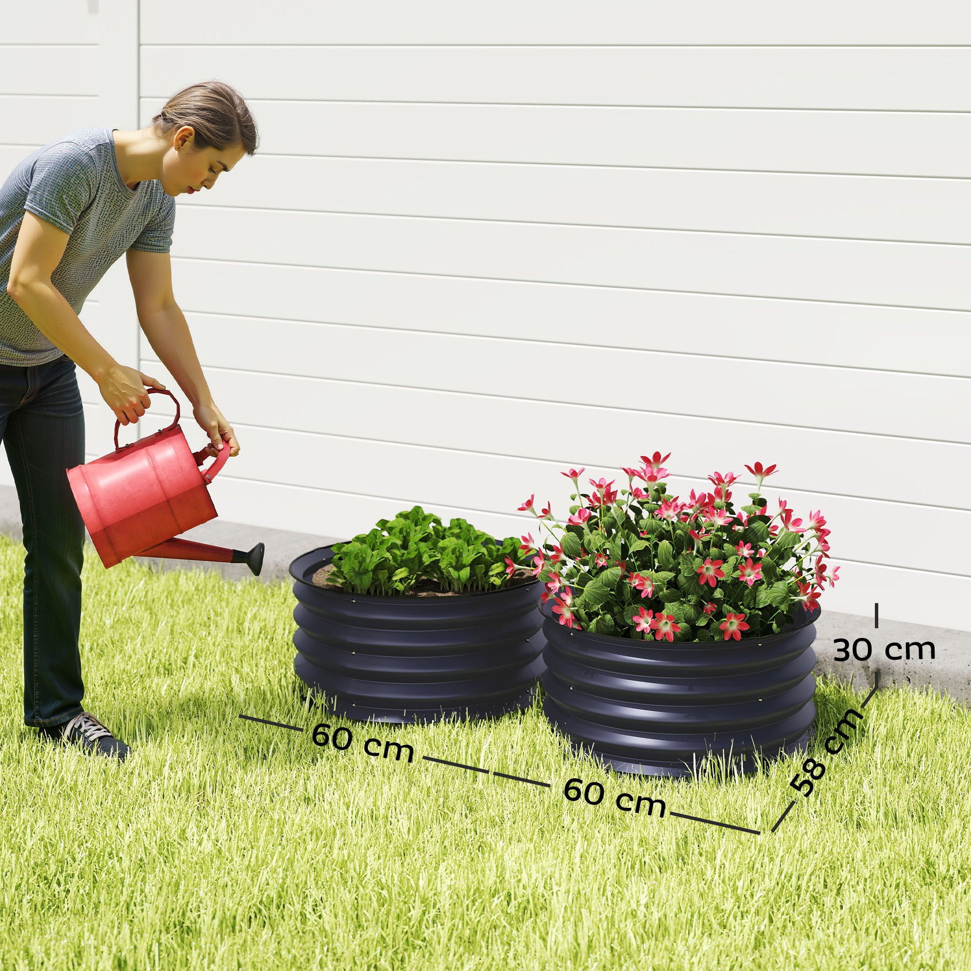 Galvanised Steel Outdoor Garden Planter Box 60cm Diameter in Set Of 2 - Velmora
