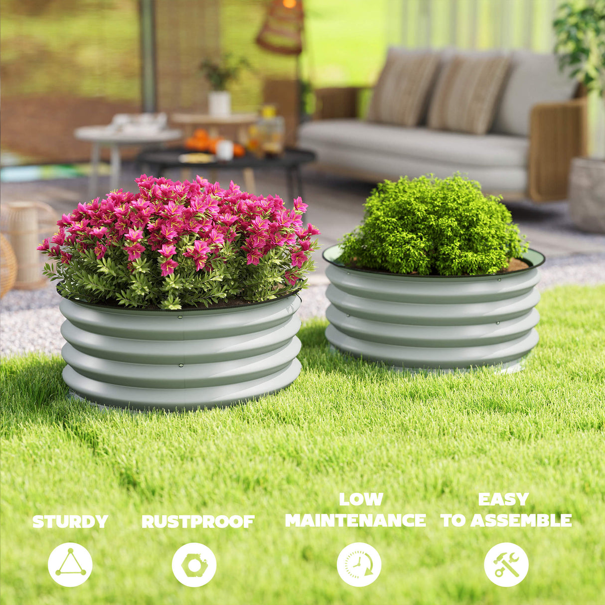 Galvanised Steel Outdoor Garden Planter Box 60cm Diameter in Set Of 2 - Velmora