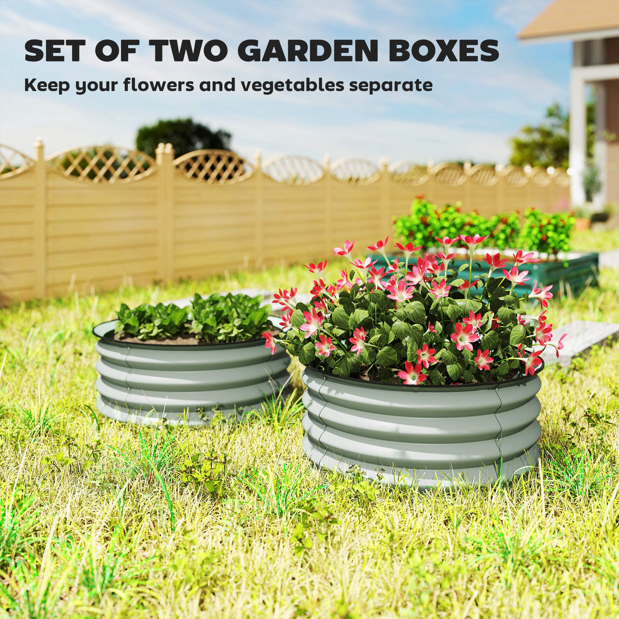 Galvanised Steel Outdoor Garden Planter Box 60cm Diameter in Set Of 2 - Velmora