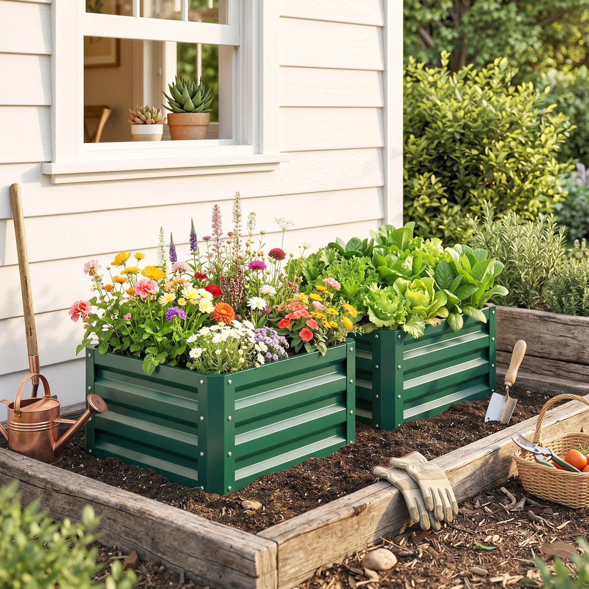 Galvanised Steel Outdoor Garden Planter Box 60cm Wide in Set Of 2 - Velmora