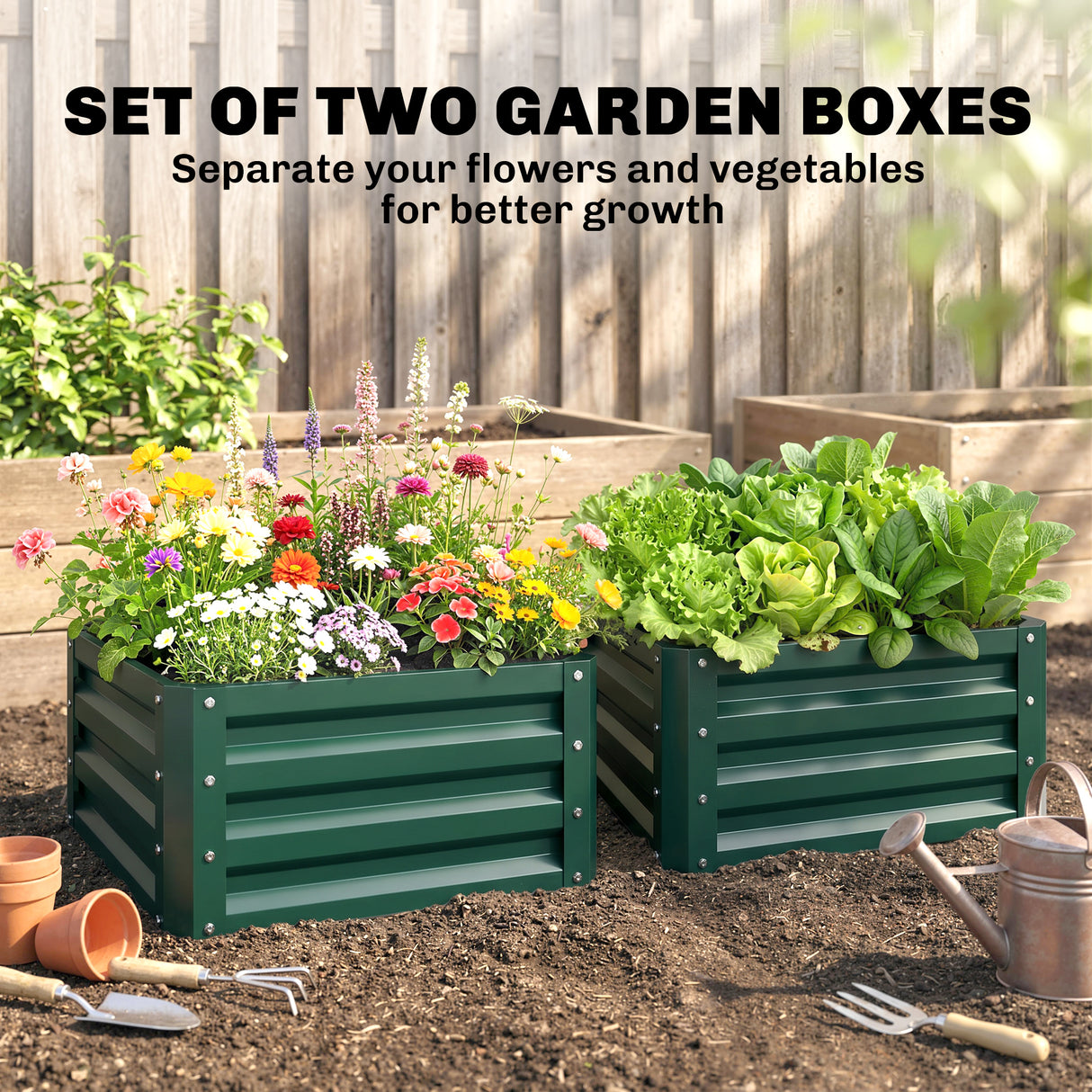 Galvanised Steel Outdoor Garden Planter Box 60cm Wide in Set Of 2 - Velmora