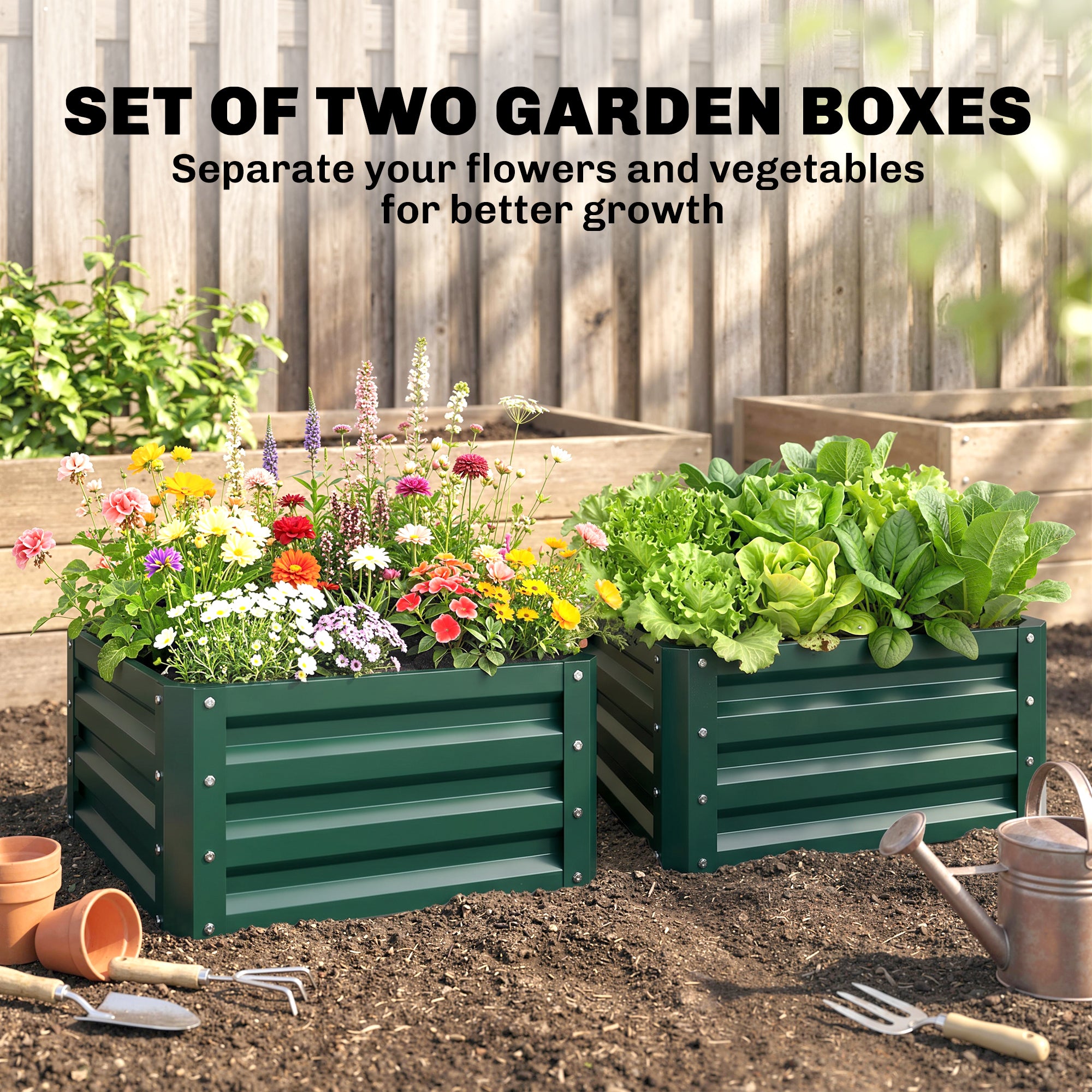 Galvanised Steel Outdoor Garden Planter Box 60cm Wide in Set Of 2 - Velmora
