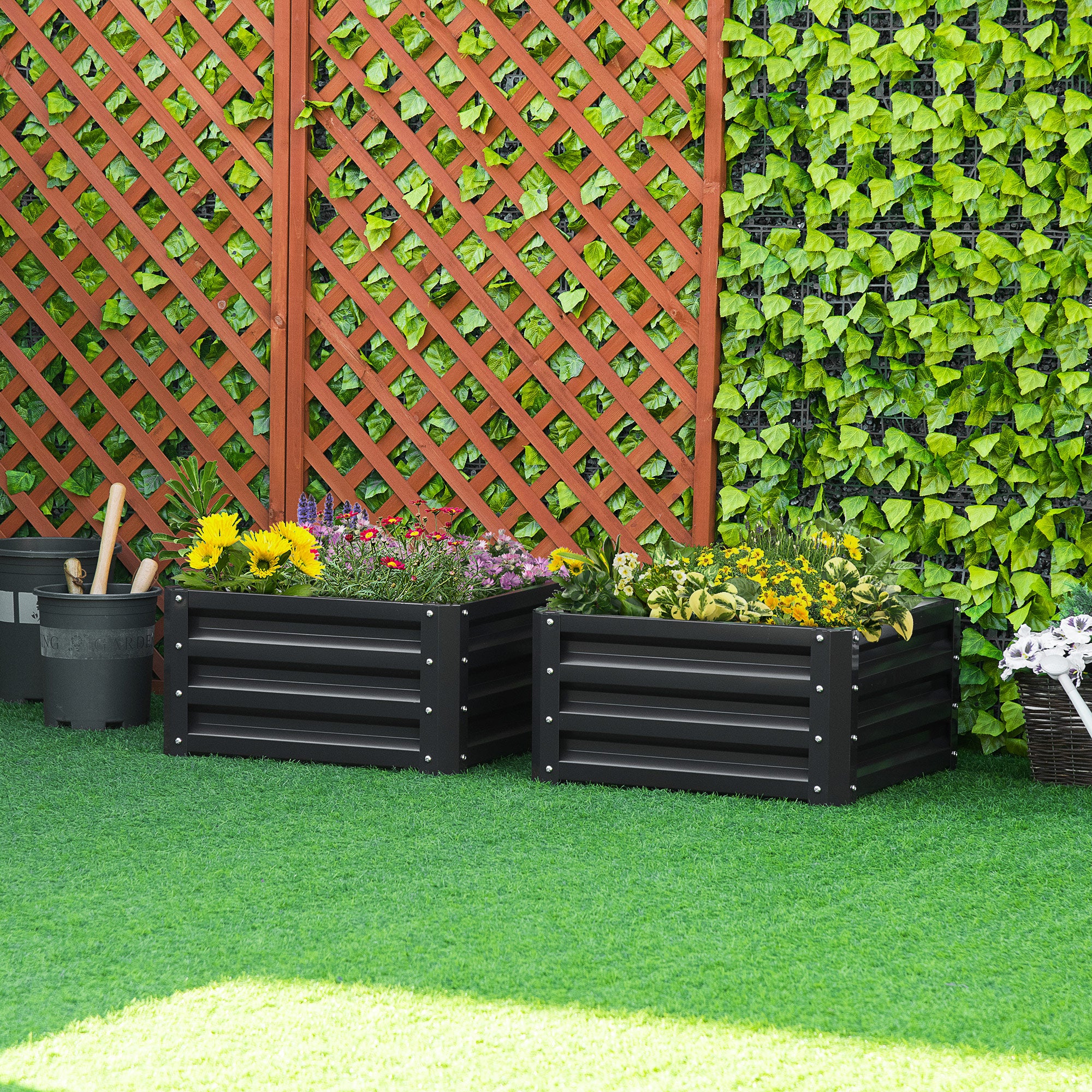 Galvanised Steel Outdoor Garden Planter Box 60cm Wide in Set Of 2 - Velmora