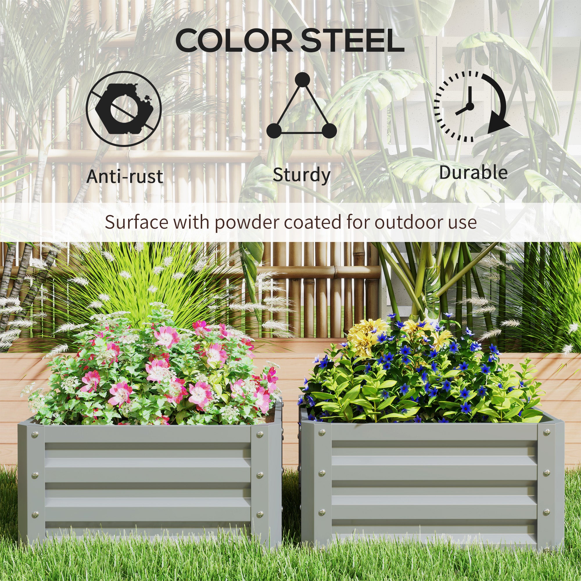 Galvanised Steel Outdoor Garden Planter Box 60cm Wide in Set Of 2 - Velmora