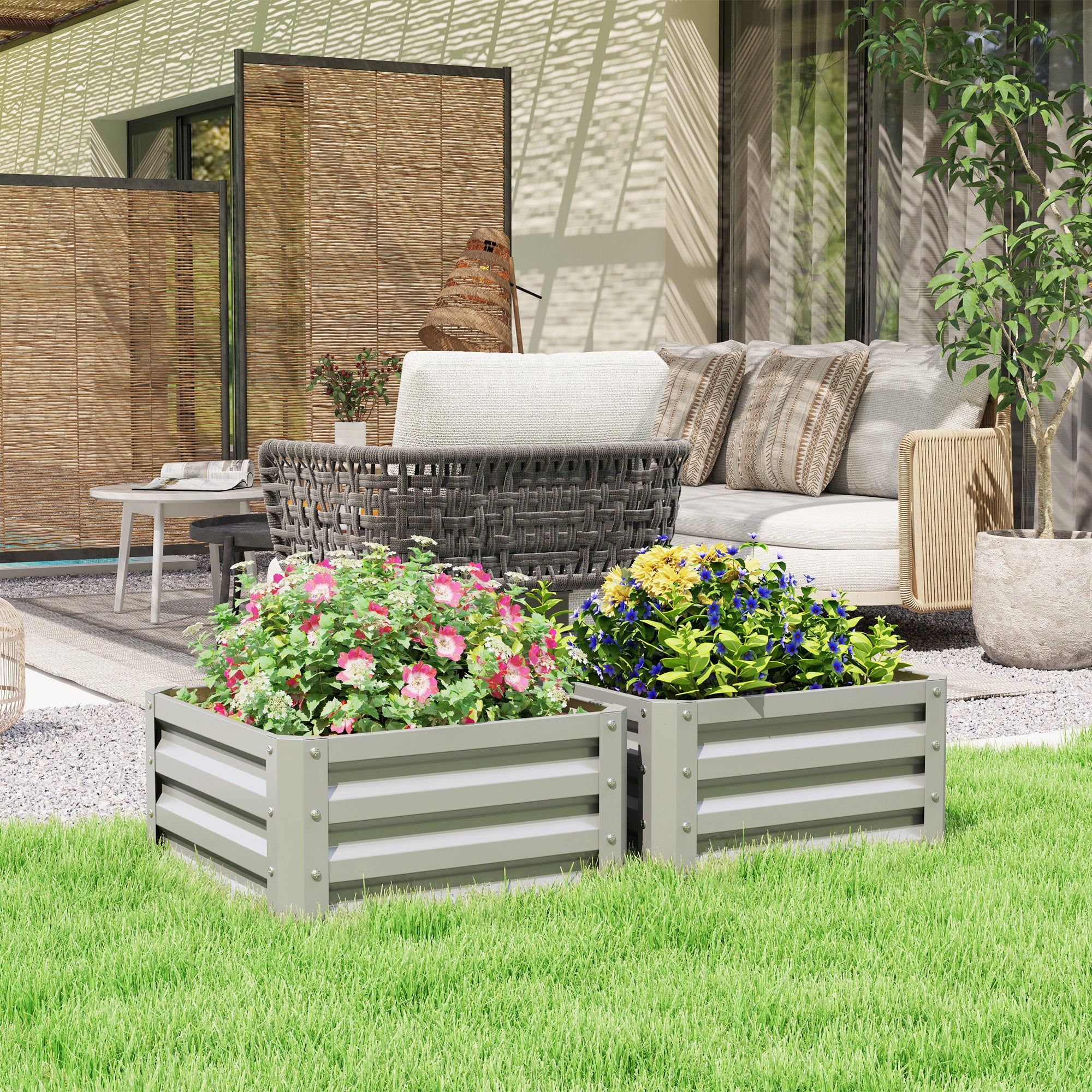 Galvanised Steel Outdoor Garden Planter Box 60cm Wide in Set Of 2 - Velmora