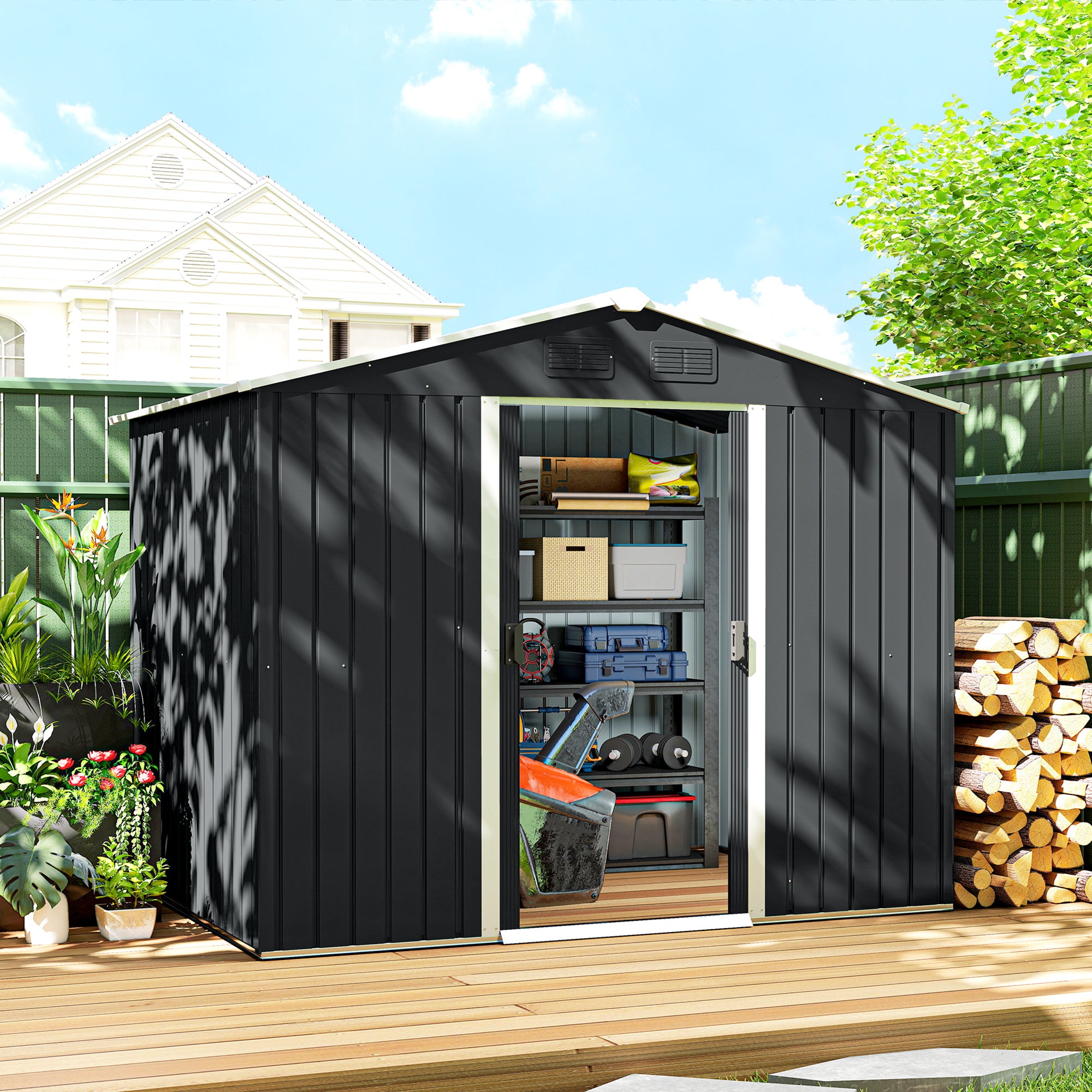 Galvanised Steel Outdoor Garden Shed 7.7ft x 5.7ft - Velmora