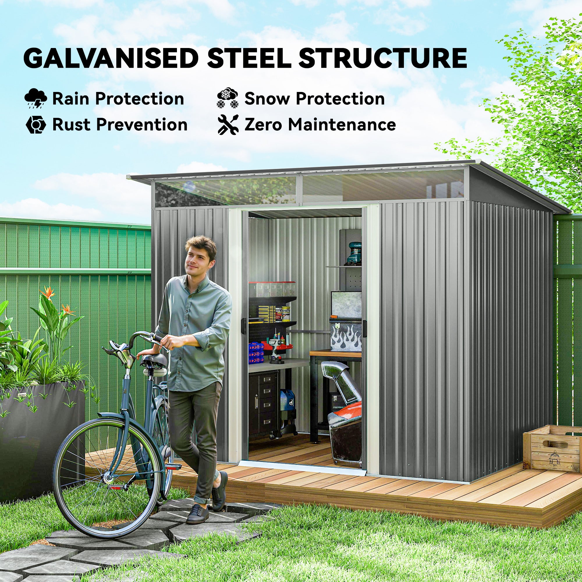 Galvanised Steel Outdoor Garden Shed 8.9ft x 6.5ft - Velmora