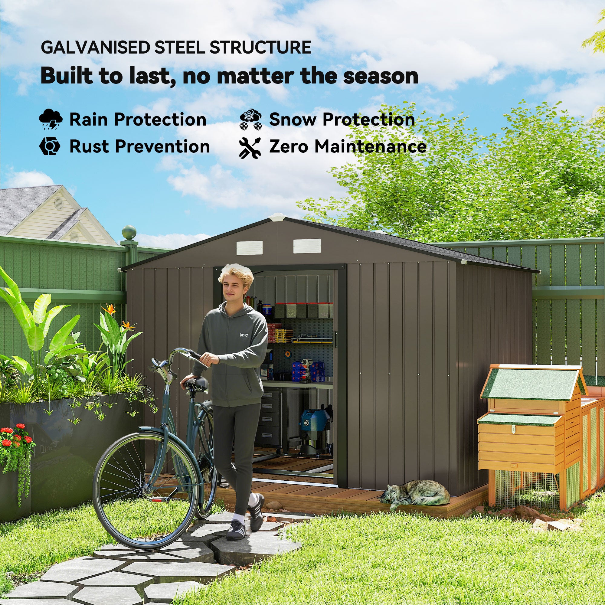 Galvanised Steel Outdoor Garden Shed 9ft x 6ft - Velmora