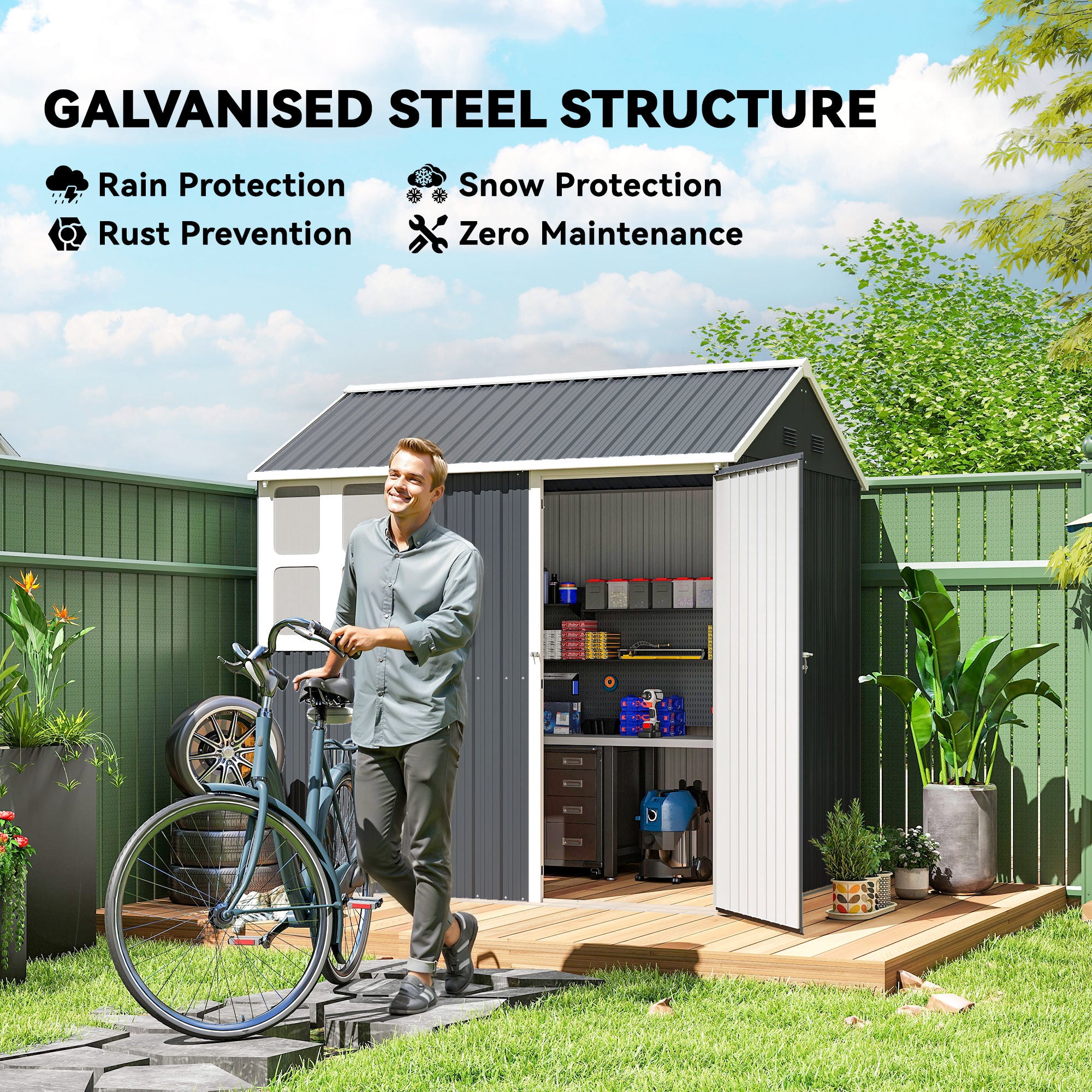 Galvanised Steel Outdoor Garden Storage Shed 7ft x 6ft - Velmora