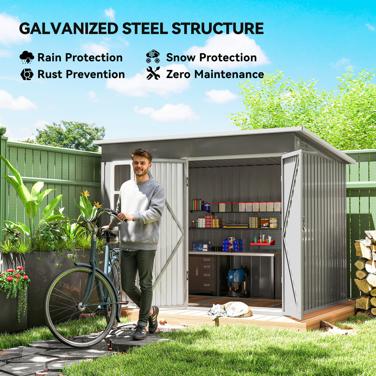 Galvanised Steel Outdoor Garden Storage Shed 8.5ft x 6ft - Velmora