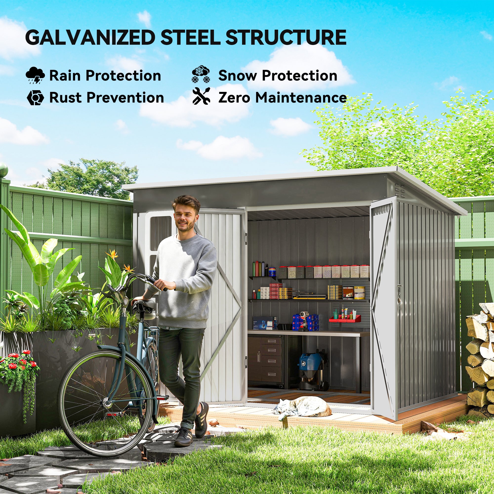 Galvanised Steel Outdoor Garden Storage Shed 8.5ft x 6ft - Velmora