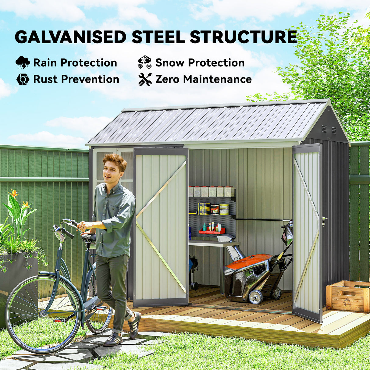 Galvanised Steel Outdoor Garden Storage Shed 8ft x 6ft - Velmora