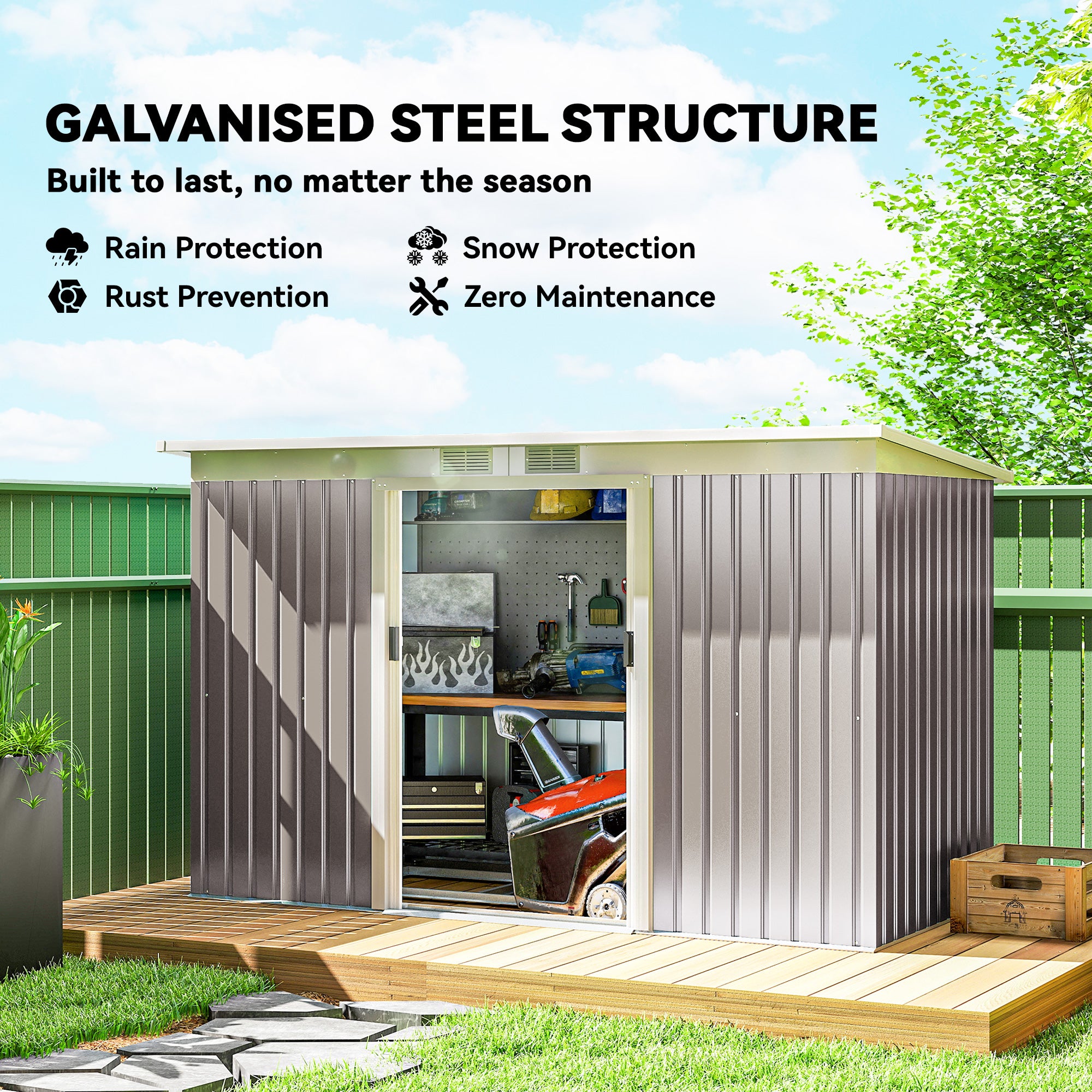 Galvanised Steel Outdoor Garden Storage Shed 9ft x 4ft - Velmora