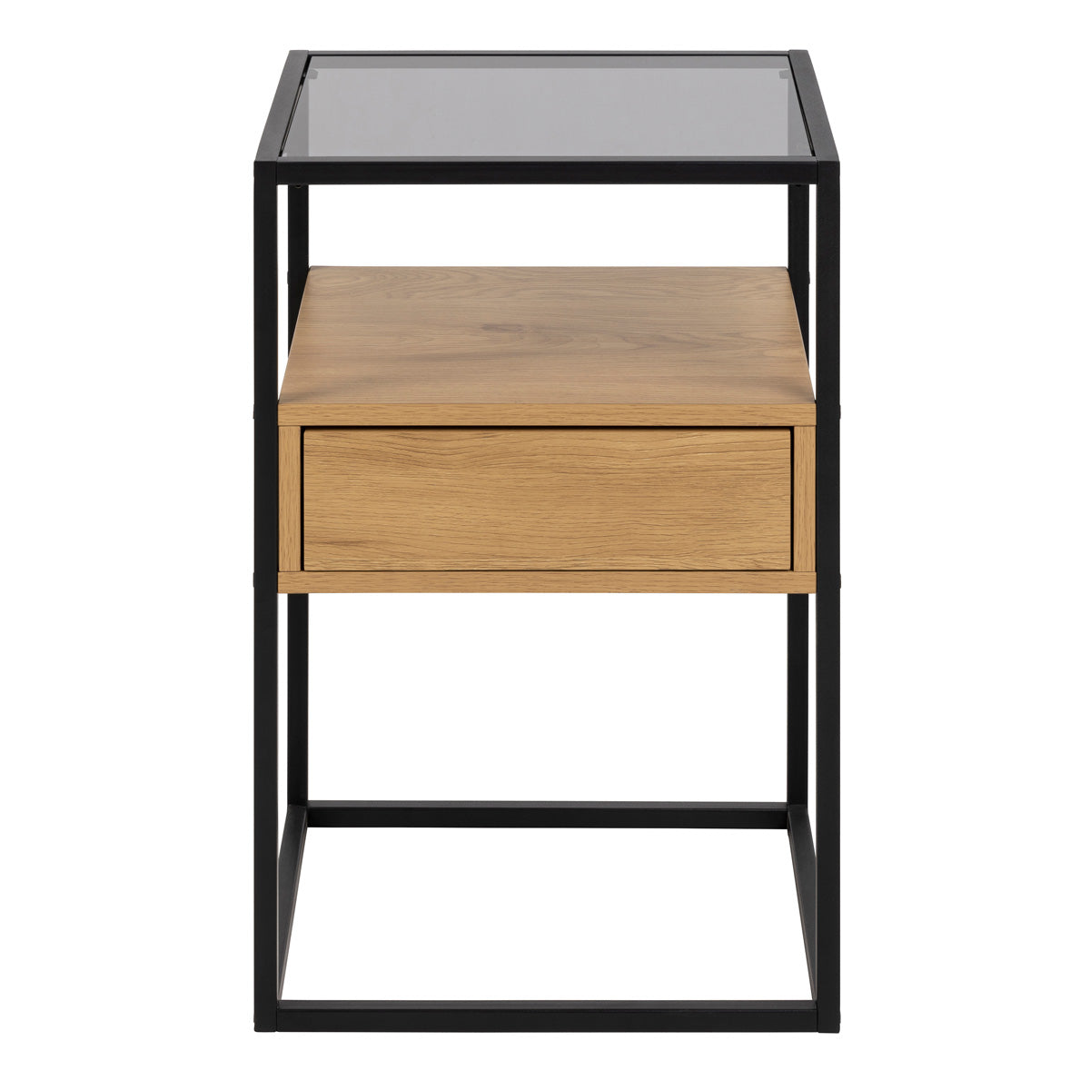 Glass Bedside Table Square With 1 Oak Drawer - Randolf