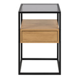 Glass Bedside Table Square With 1 Oak Drawer - Randolf