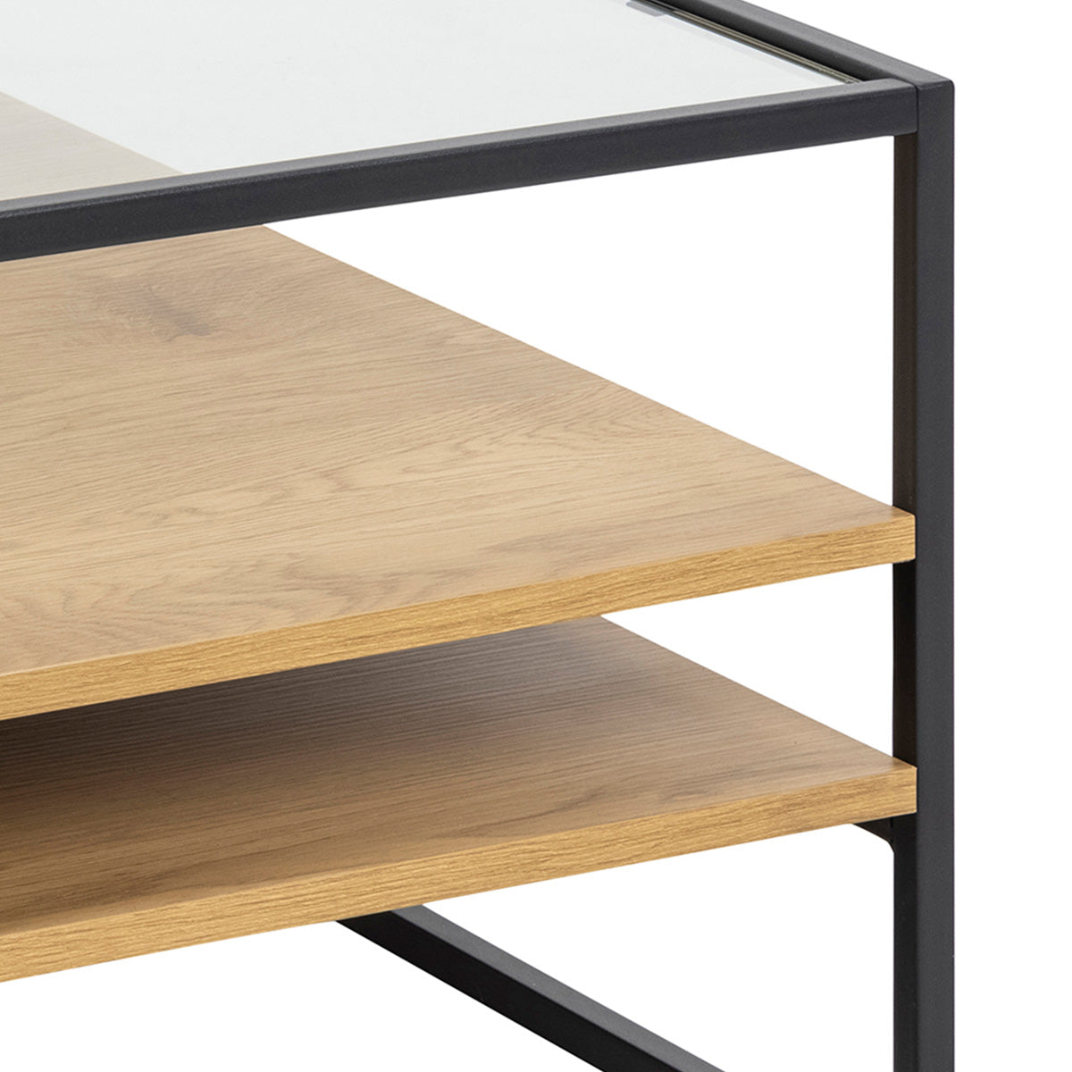 Glass Coffee Table Square With 2 Oak Shelves - Randolf
