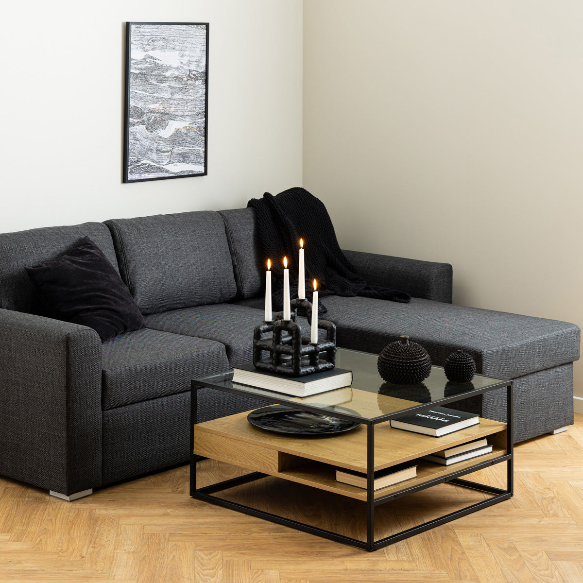 Glass Coffee Table Square With 2 Oak Shelves - Randolf