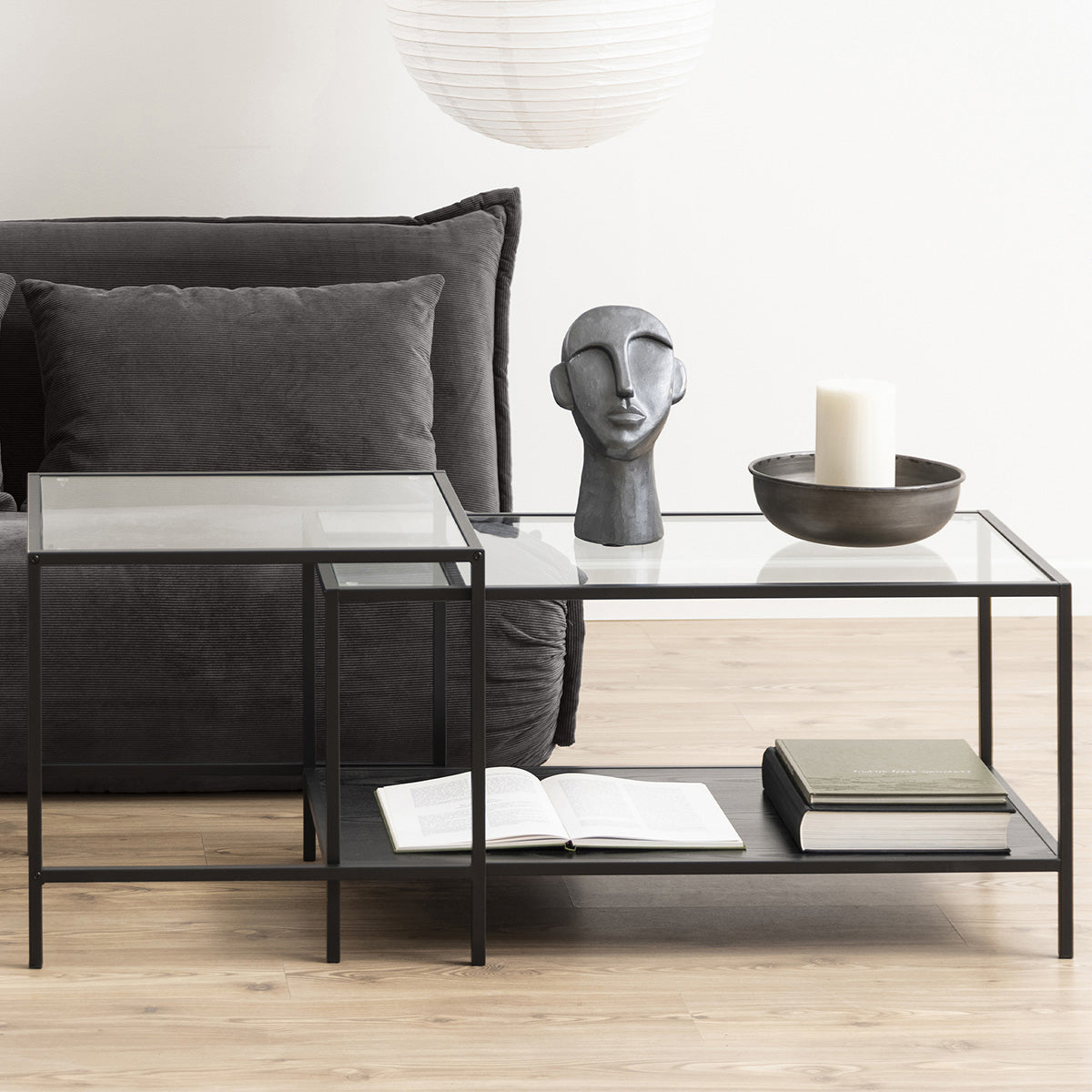 Glass Coffee Tables in Set Of 2 With Black Metal Frame - Seaford