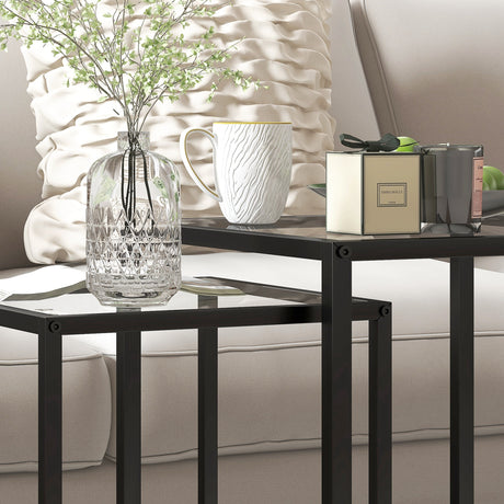 Glass Nest Of 2 Tables 42cm Wide With Steel Frame - Velmora