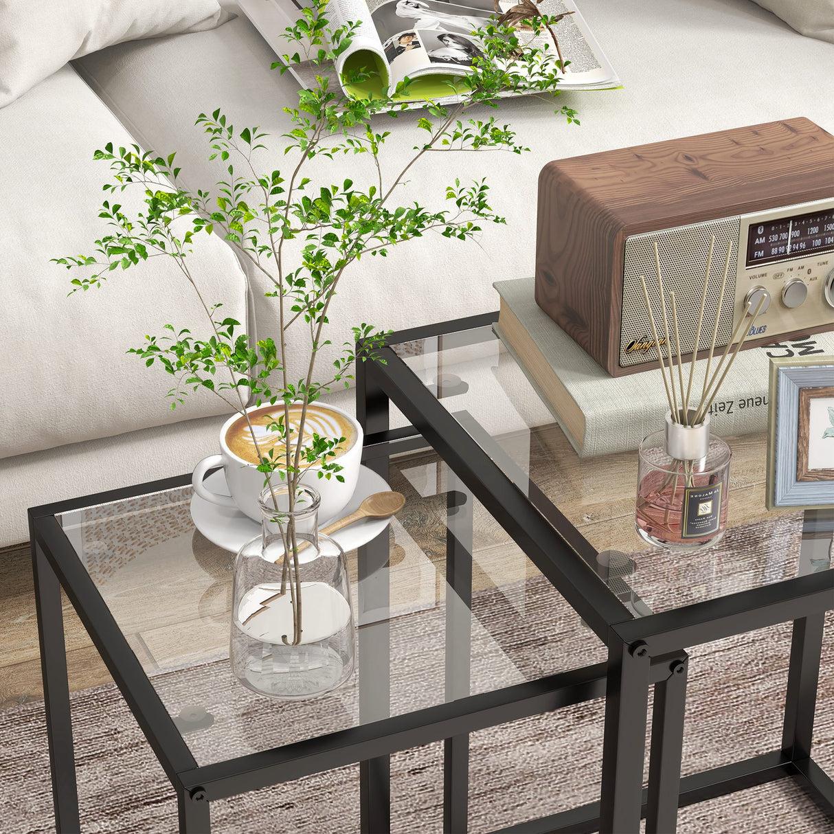 Glass Nest Of 2 Tables 42cm Wide With Steel Frame - Velmora