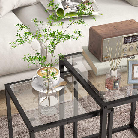 Glass Nest Of 2 Tables 42cm Wide With Steel Frame - Velmora