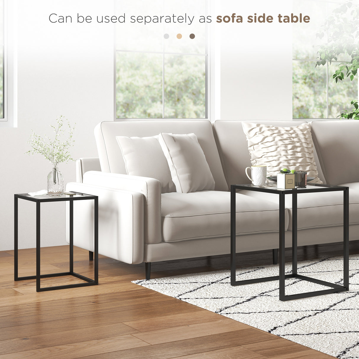 Glass Nest Of 2 Tables 42cm Wide With Steel Frame - Velmora
