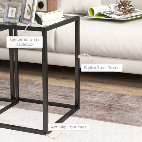 Glass Nest Of 2 Tables 42cm Wide With Steel Frame - Velmora