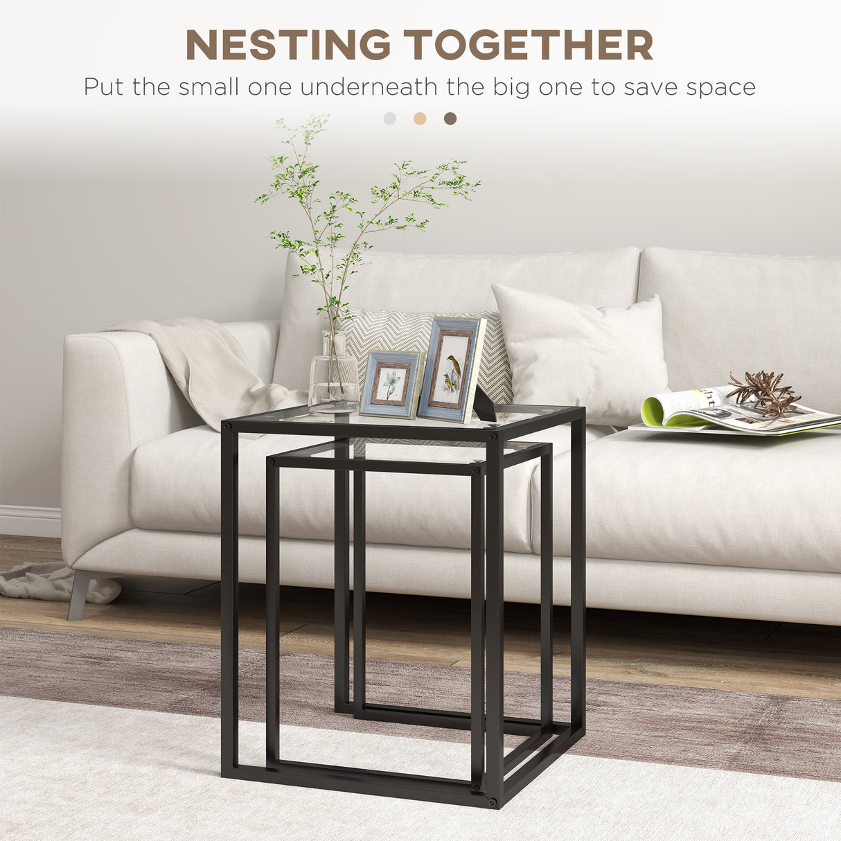 Glass Nest Of 2 Tables 42cm Wide With Steel Frame - Velmora